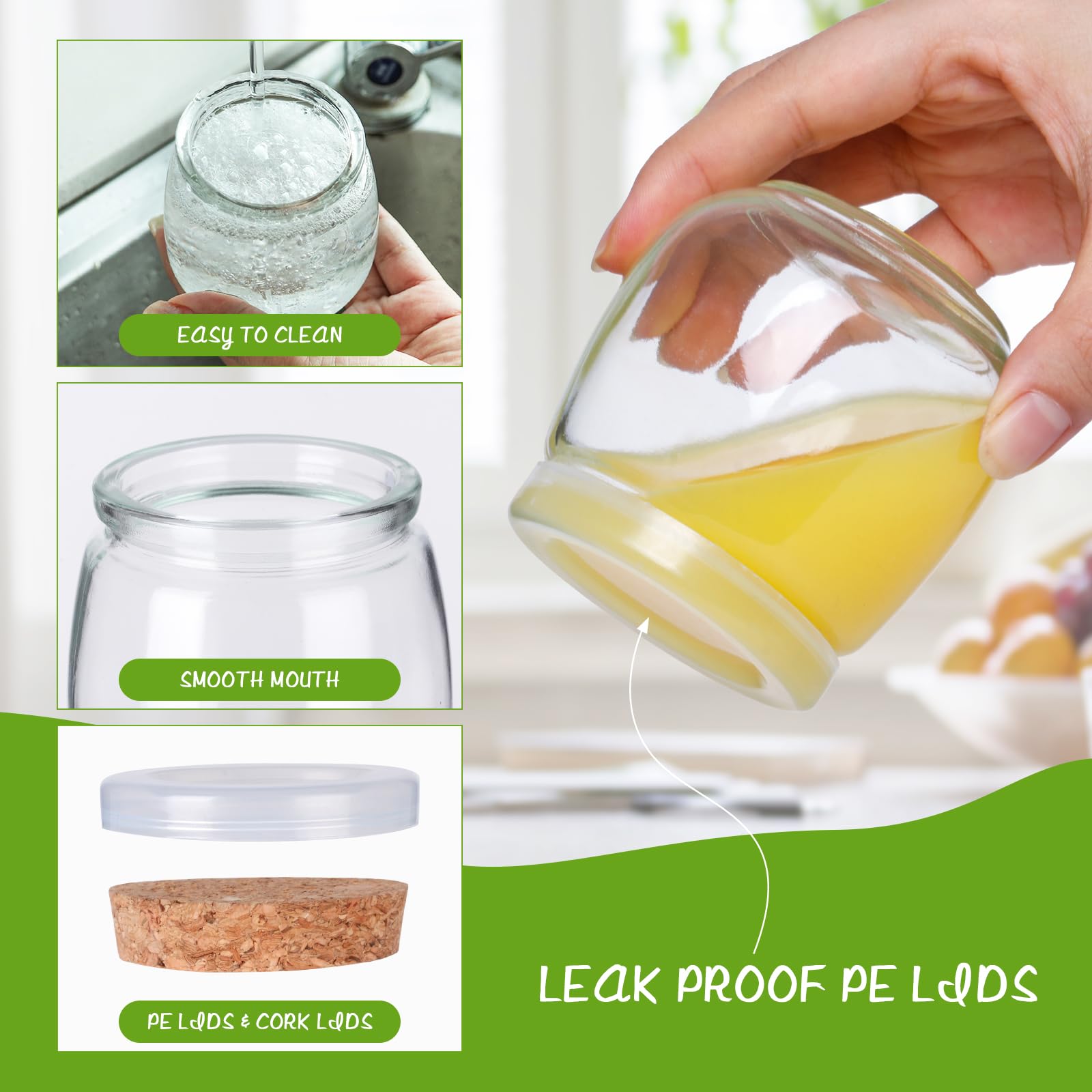 Paquete de 40 tarros de yogur de vidrio de 7 onzas con tapas de corcho y tapas de polietileno, tarros de vidrio pequeños para pudín, tarros de vidrio para recuerdos de boda, leche, mermeladas