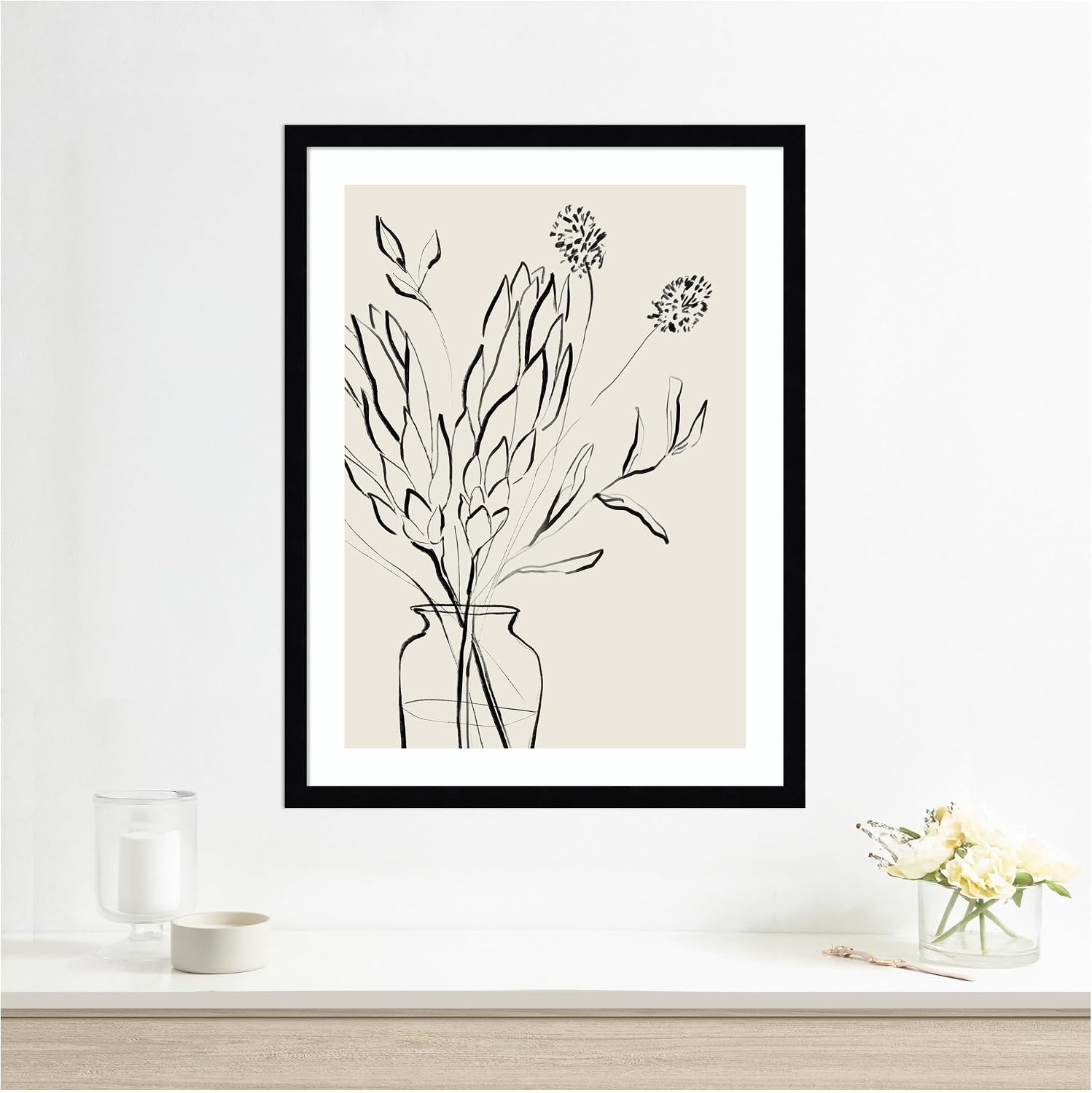Kate and Laurel Framed Wall Art Print SB Protea Sketch No. 2 by Sara Berrenson, 19 x 25, Svelte Noir Black Frame, Modern Contemporary, Still Life Art for Wall Decor