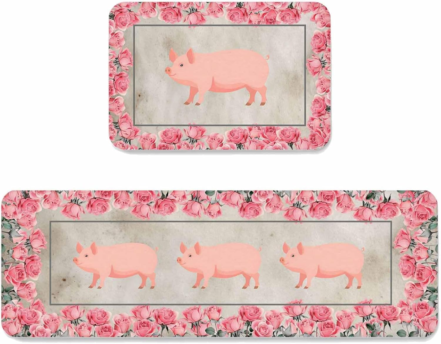 Farmhouse Pig Kitchen Mat Set 2 Pieces Pink Rose Wreath Rustic Country Beige Marble Texture Non Slip Kitchen Rugs Washable Runner Rug Mats for Floor Sink Laundry Office 19.7" x 31.5"+19.7" x 47.2"