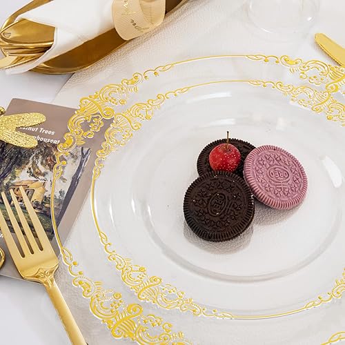 Miniatura 9 de Hioasis 350 platos de plástico dorado transparente, platos desechables dorados para 50 invitados, incluyen 50 platos de cena, 50 platos de ensalada,