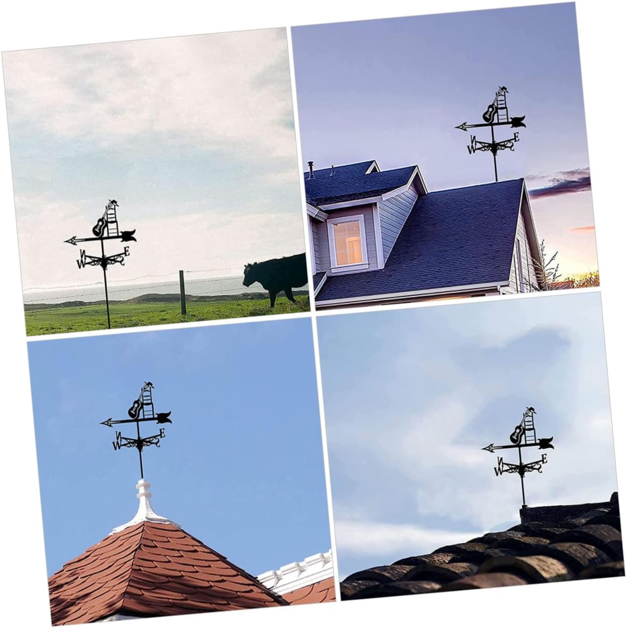 Iron Guitar Weathervane Outdoor Garden Metal Wind Direction Indicator Yard Decorative Weather Vane with Pole for Patio Roof Mount
