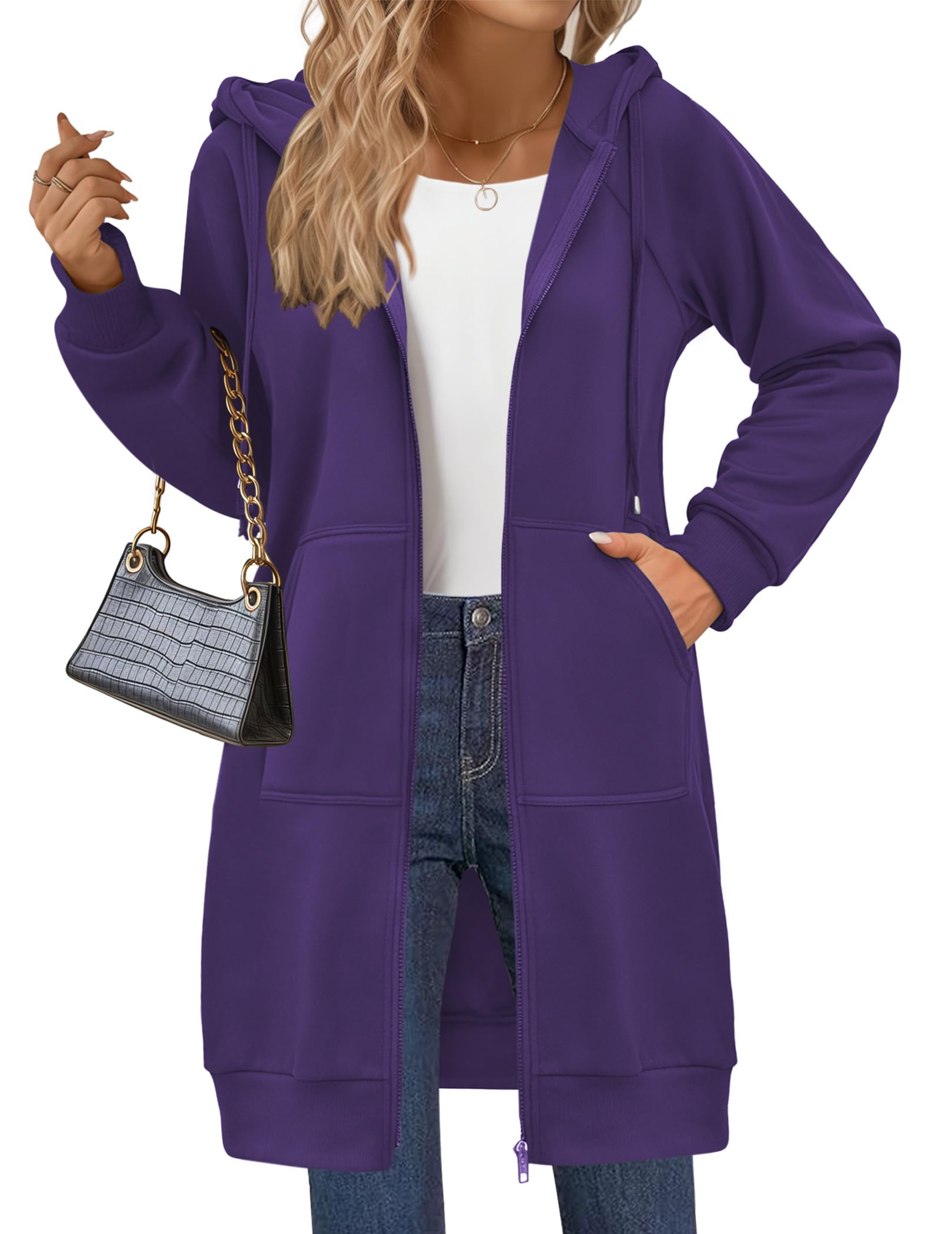 Zeagoo Felpe con cappuccio da donna con zip a maniche lunghe a tunica felpe oversize in pile casual 2025 autunno giacca cappotto con tasca