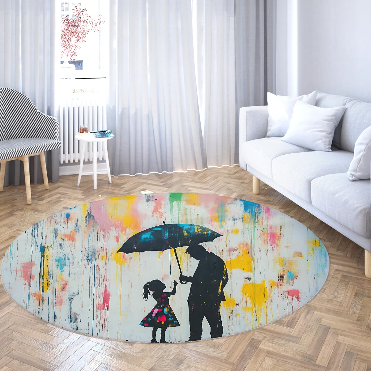 Tapis de chevet rond 120cm design graffiti vintage lavable pour salon