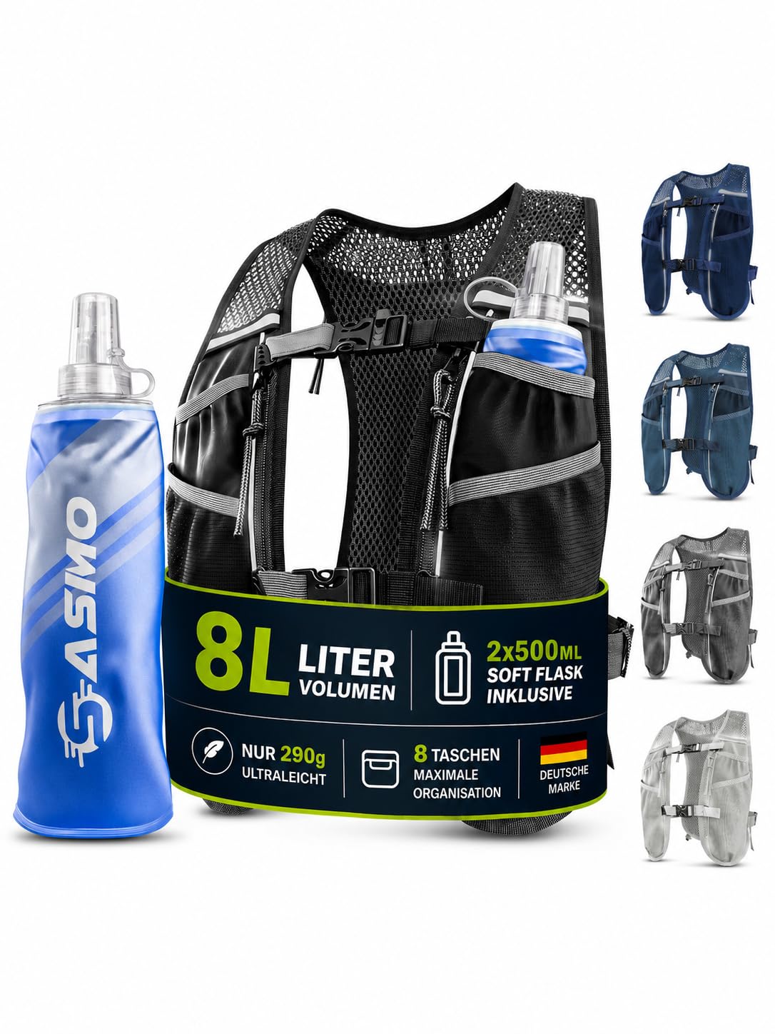 SASMO® Laufweste Damen & Herren 5L / 2L | Running Vest - Ultraleicht & atmungsaktiv| Laufrucksack Damen - 8 Taschen | Laufweste Herren | Trinkweste Laufen