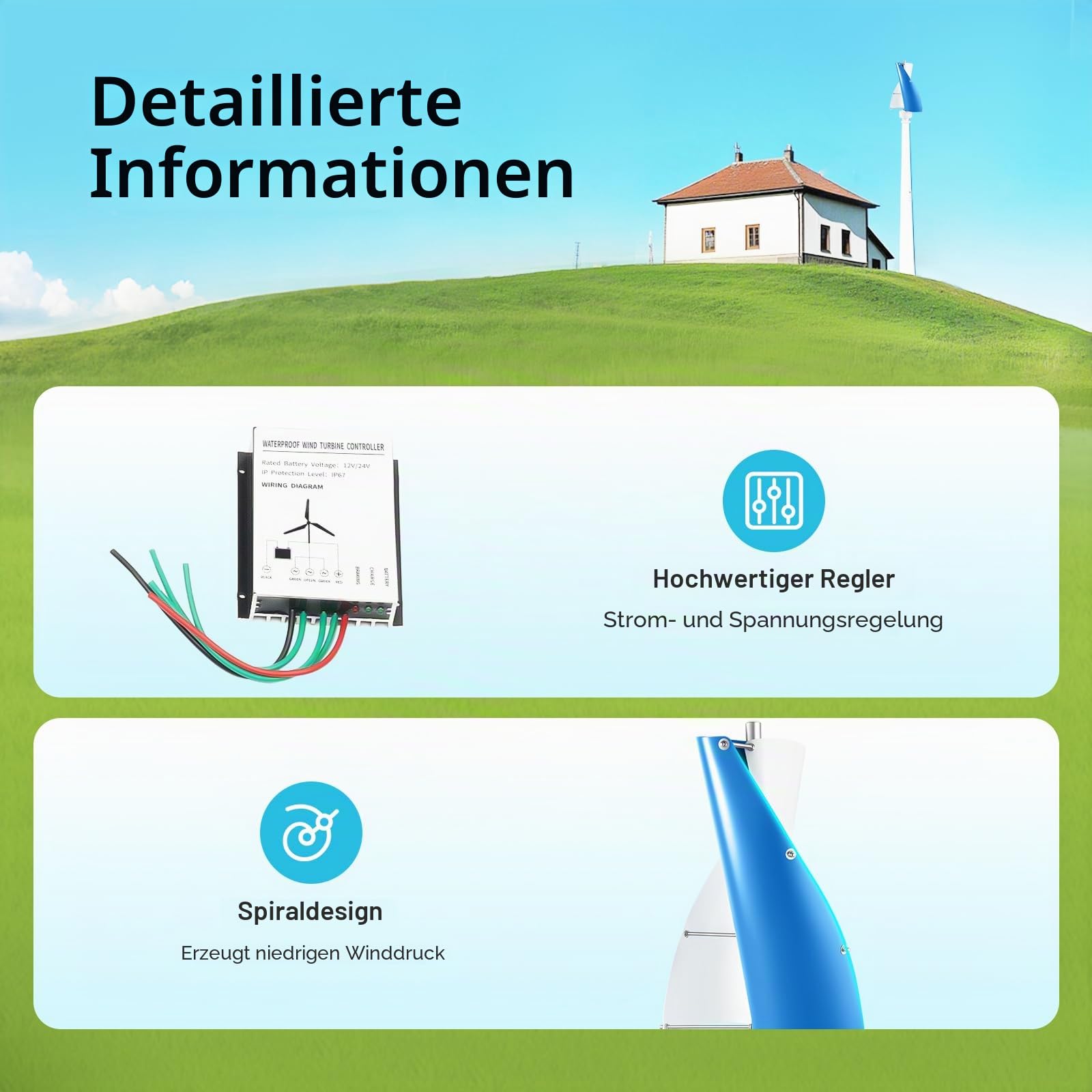24V-Windkraftanlage mit 100W, Windkraftanlage für den Hausgebrauch, mit Steuerungssystem, vertikalachsige Windkraftanlage mit zwei Flügeln, geeignet für die Stromversorgung von Haushalten