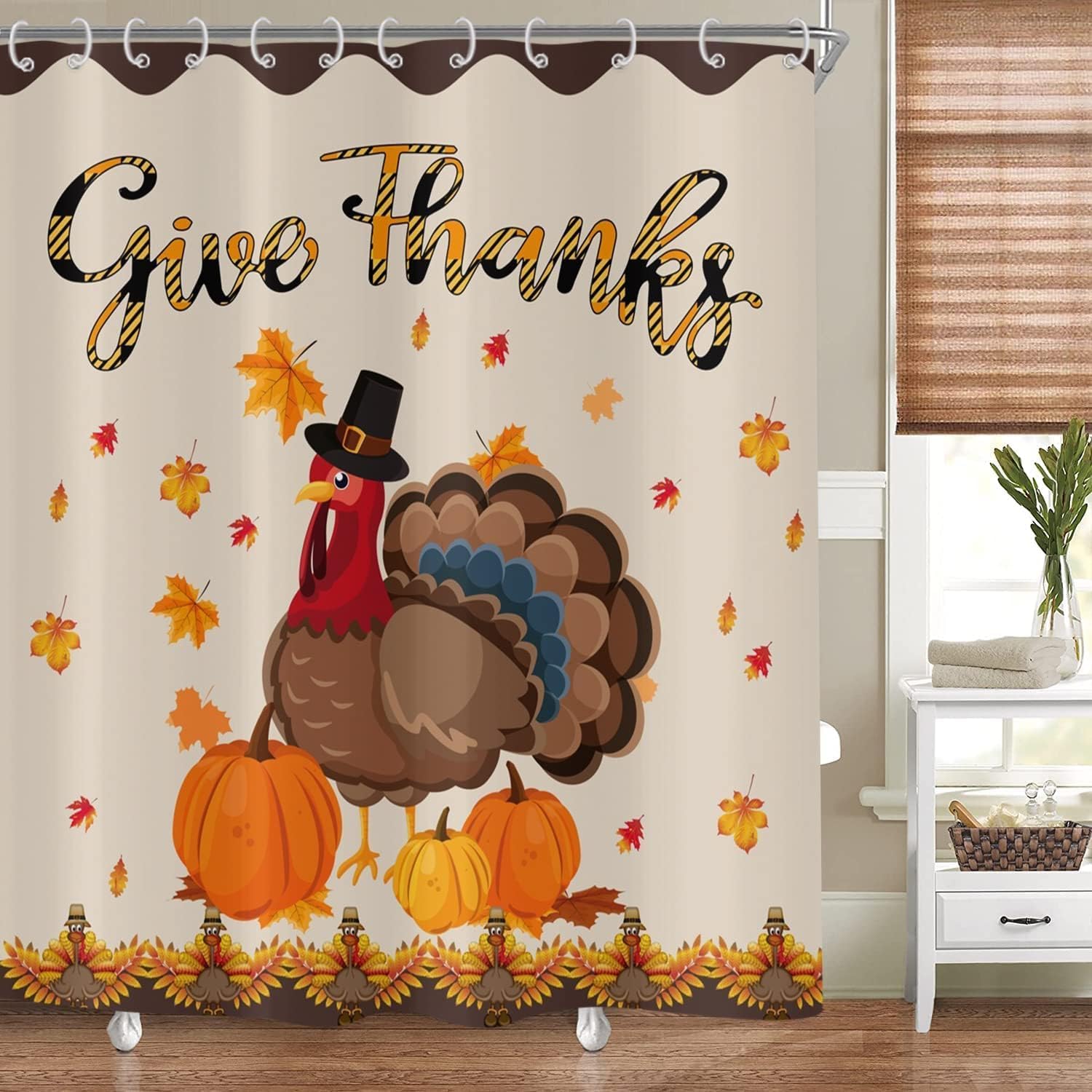 Thanksgiving Shower Curtain, Fall Harvest Pumpkin Maple Leaves Turkey Bathroom Curtain Home Bathtub Decor Waterproof Fabric Machine Washable with 12 Hooks