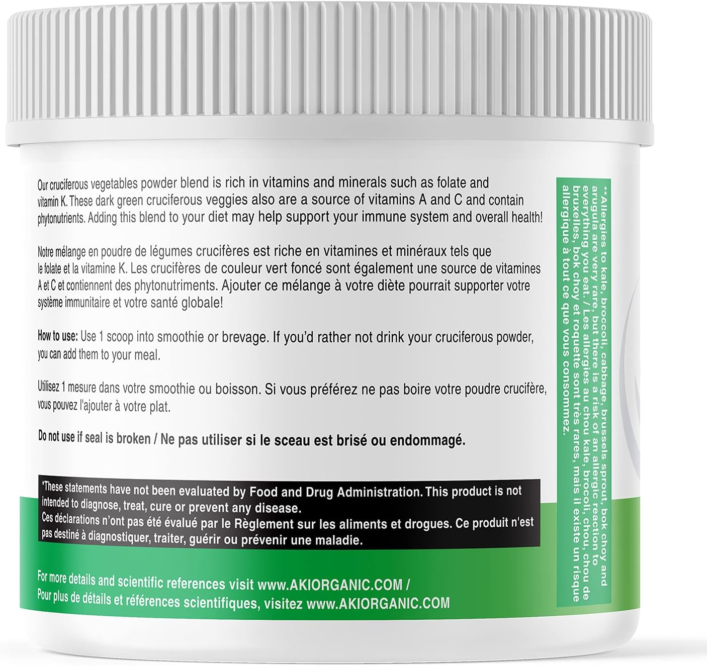 AKI Natural Cruciferous Superfood Blend Powder Made of Kale, Broccoli, Cabbage, Brussels Sprout, Bok Choy, Arugula, Ideal to Boost Greens Veggie Smoothie Supplements Vitamins Phytonutrient 5.3oz/ 150G : Health & Household