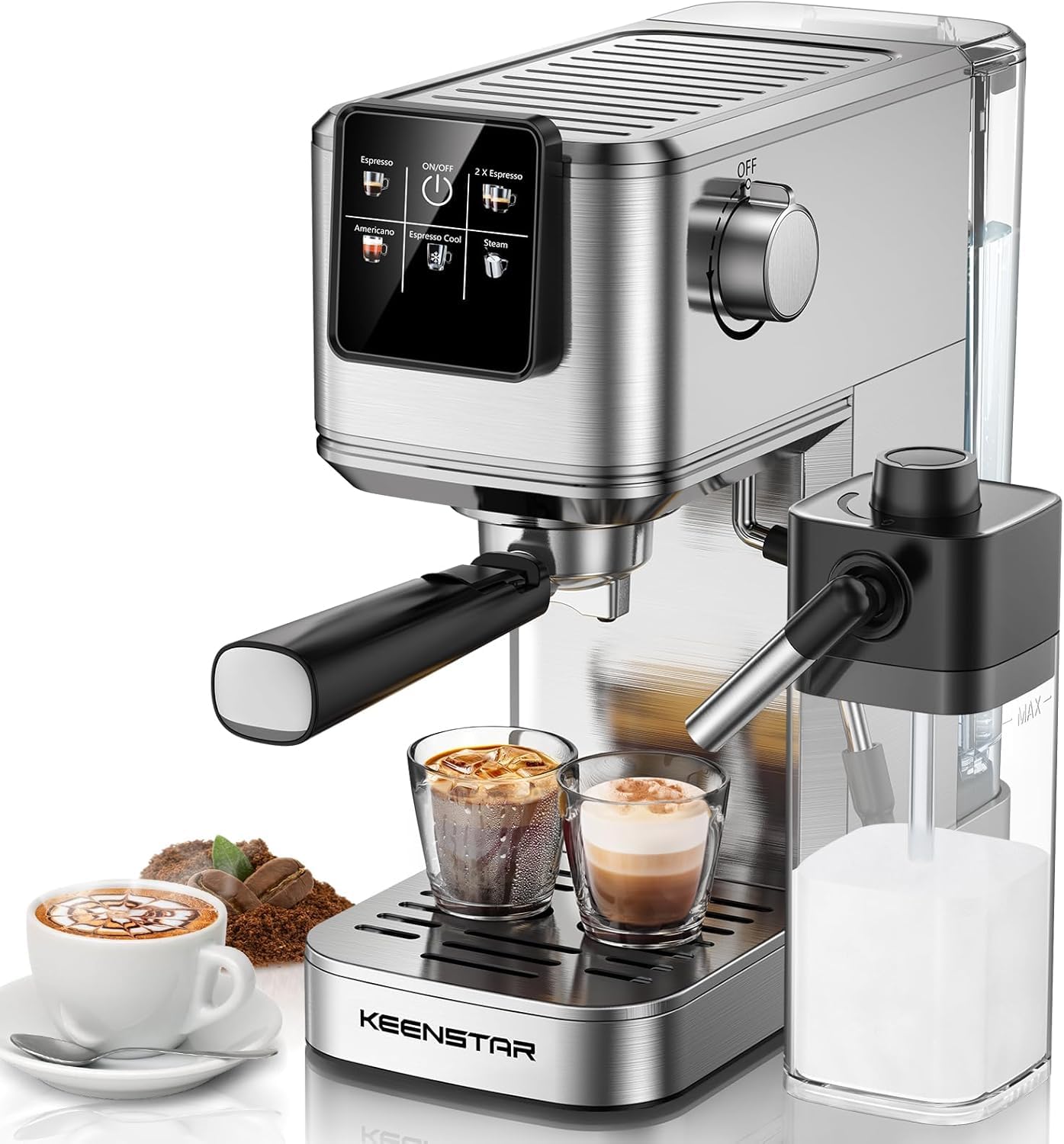 KEENSTAR Espresso Coffee Machine with Milk Tank, 20Bar Hot & Iced Coffee Machine with Rapid Cold Brew, Touch Screen Espresso Maker with Steam Wand for Coffee Lover Milk Tank+20Bar Espresso Machine
