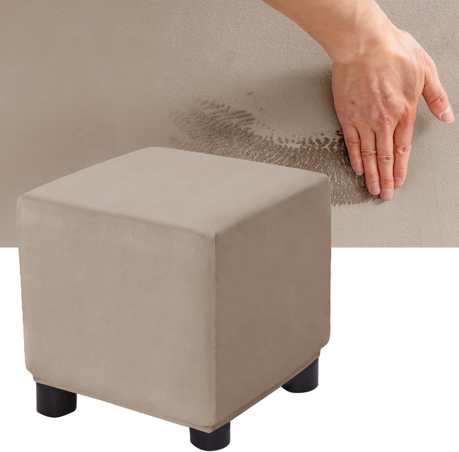 1pc High Stretch Ektorp Ottoman Cover Square/Rectangle, Velvet Storage Stool Cover Footstool Covers with 2 Nonslip Elastic Straps (Khaki,1pc Square S)