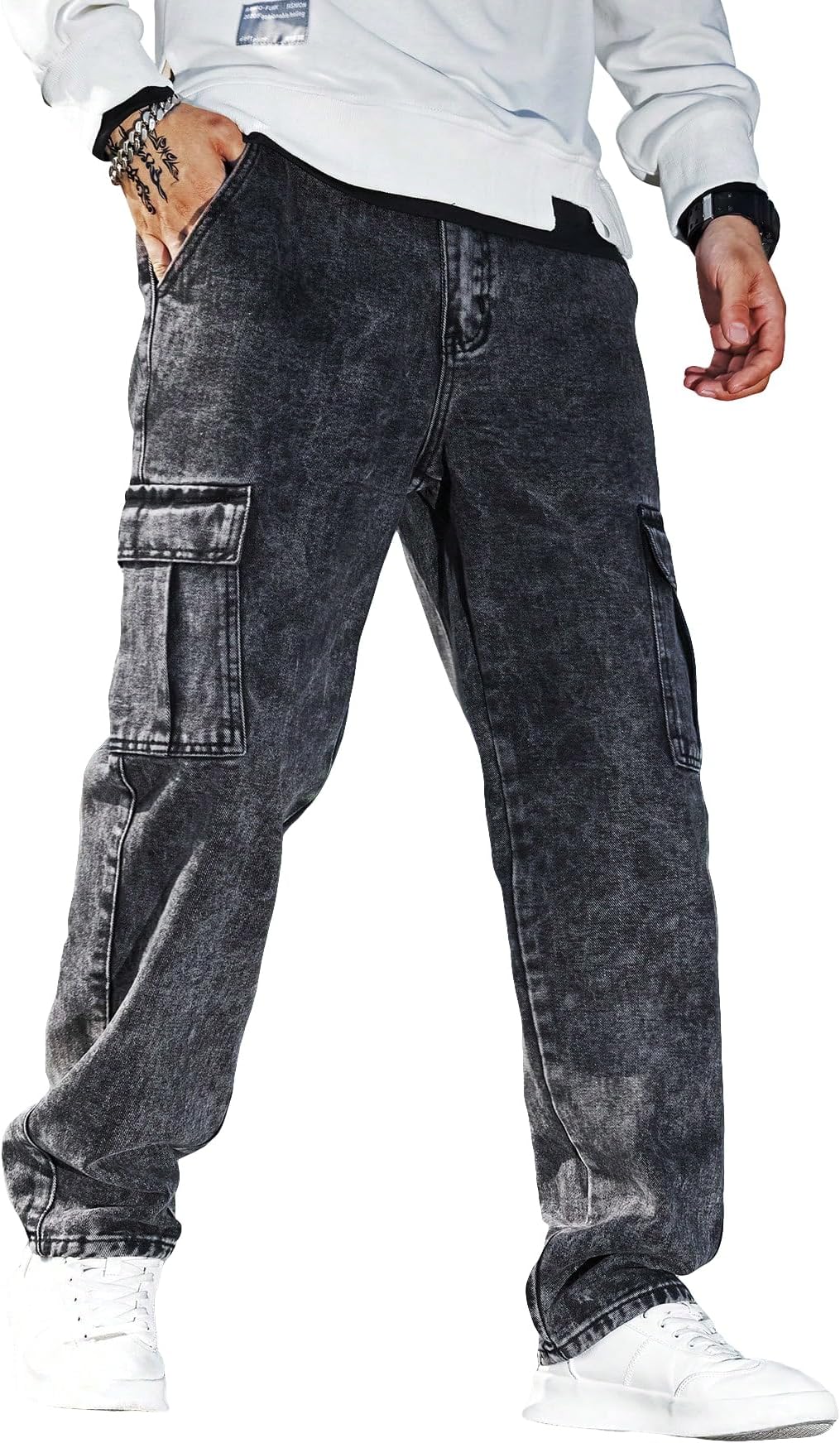 Men's Slim Fit Cargo Jeans Straight Leg Streetwear Denim Work Pants with Flap Pockets