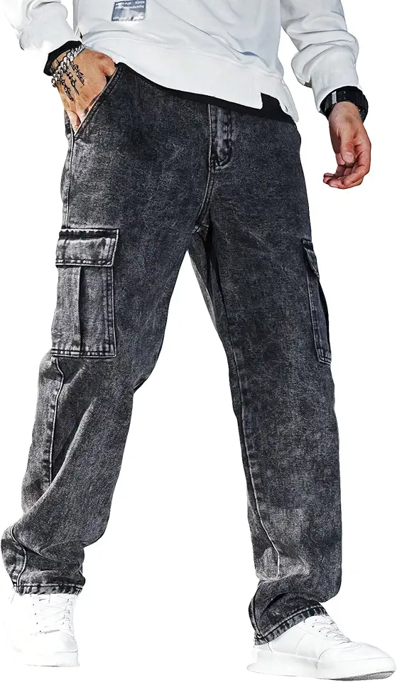 WDIRARA Men's Slim Fit Cargo Jeans Straight Leg Streetwear Denim Work Pants with Flap Pockets