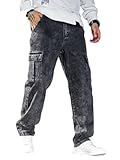 Men's Slim Fit Cargo Jeans Straight Leg Streetwear Denim Work Pants with Flap Pockets