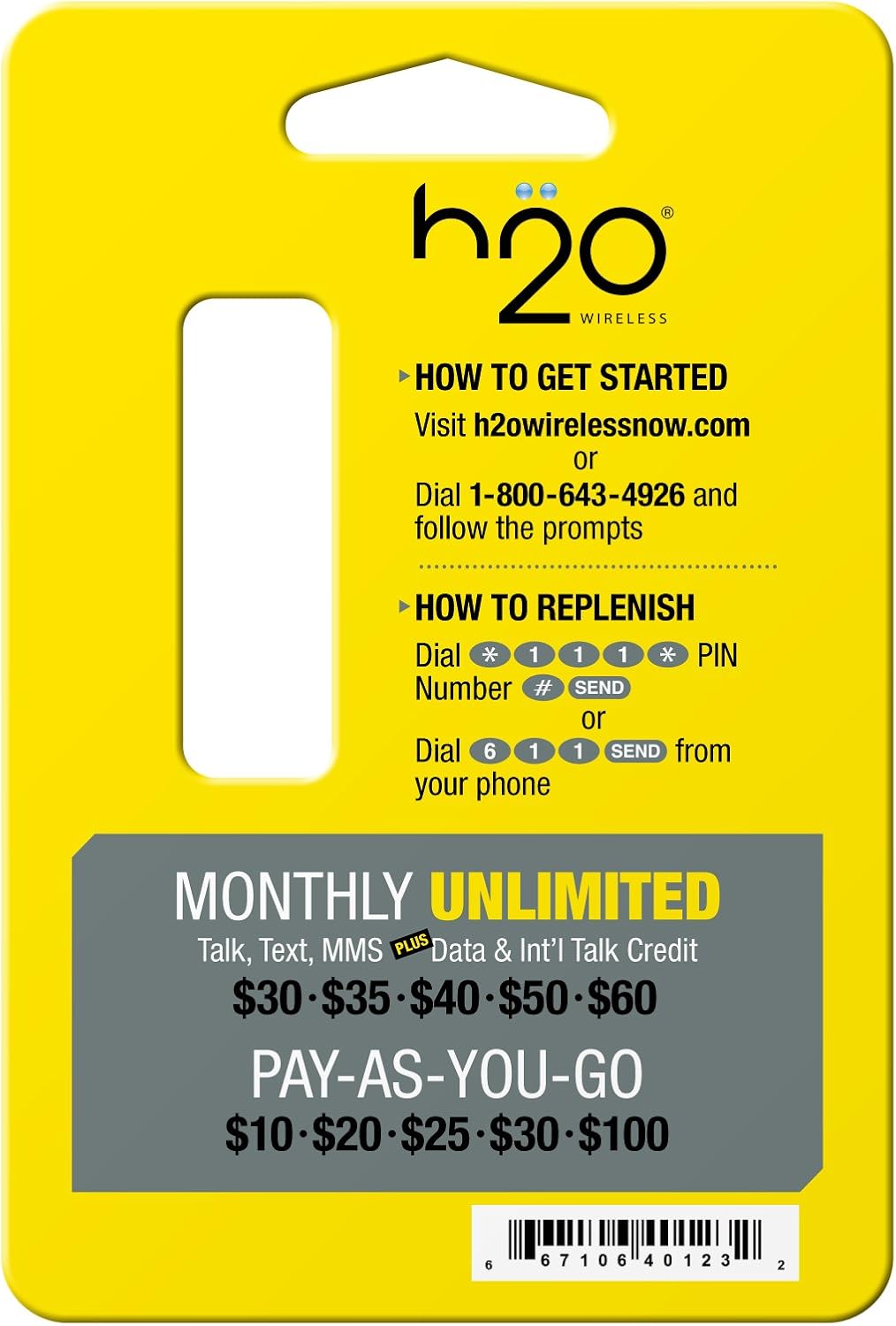 Back of H2O Smart SIM Starter Kit packaging showing activation and recharge instructions, and plan options