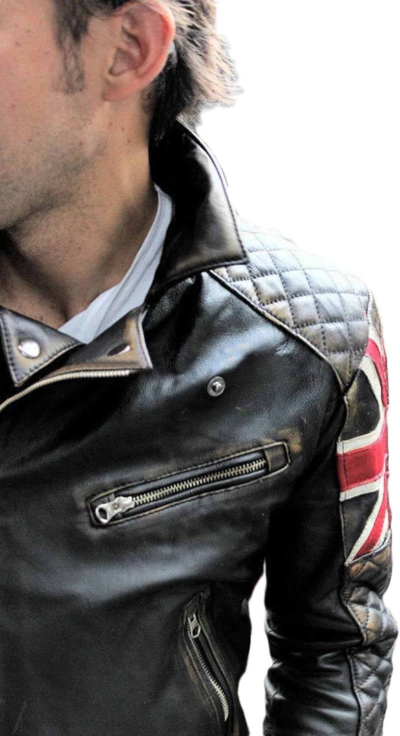 Union Jack UK Flag Cafe Racer Vintage Men Black Motorcycle Biker Leather Jacket