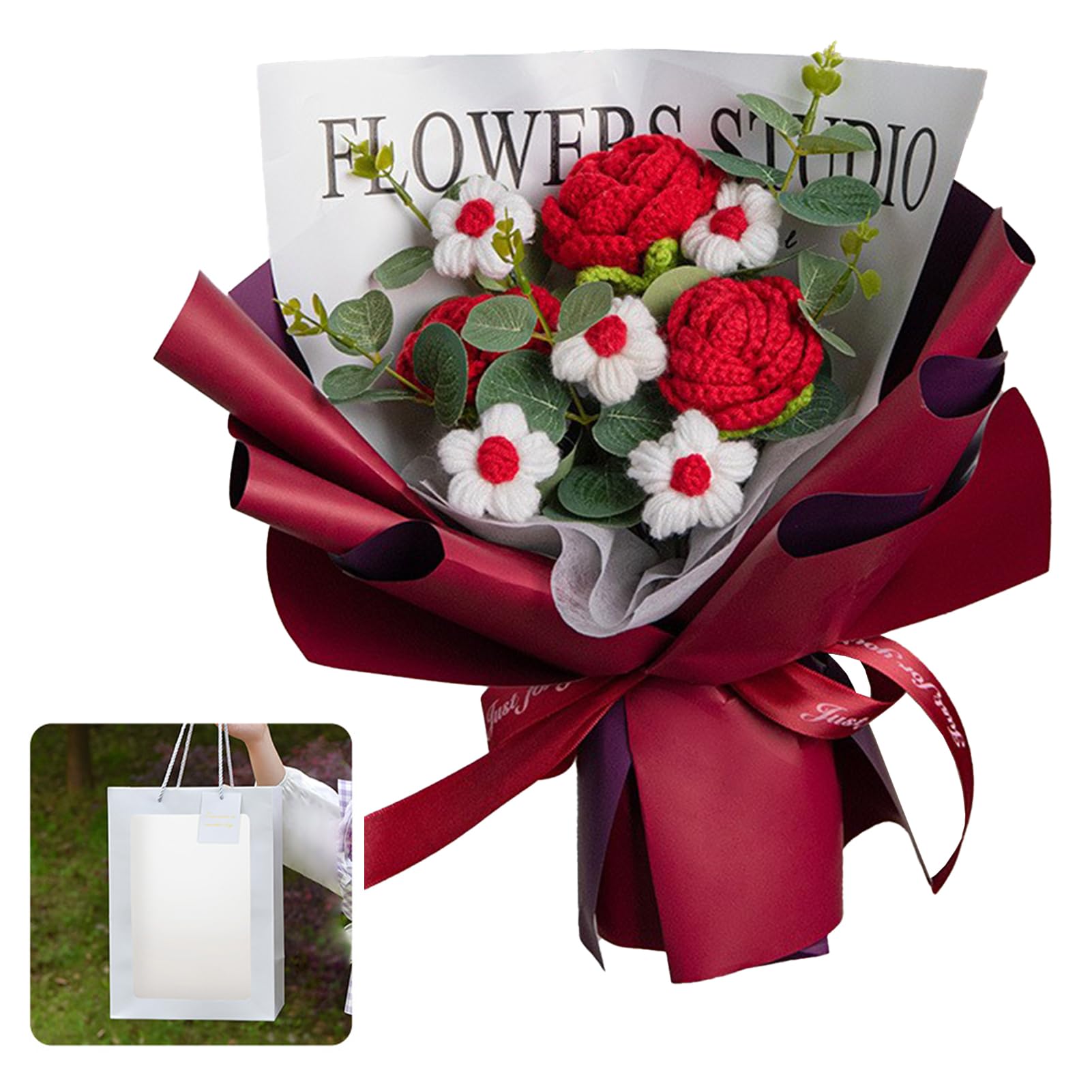 Crochet Flowers Bouquet Handmade Knitted Bouquet Knitted Flowers Crochet Flower Bouquet Kit Knitted Fake Rose Mix Crochet Bouquet, Knitting Sunflower for Mother Day Birthday Wedding Home Decor(#3)