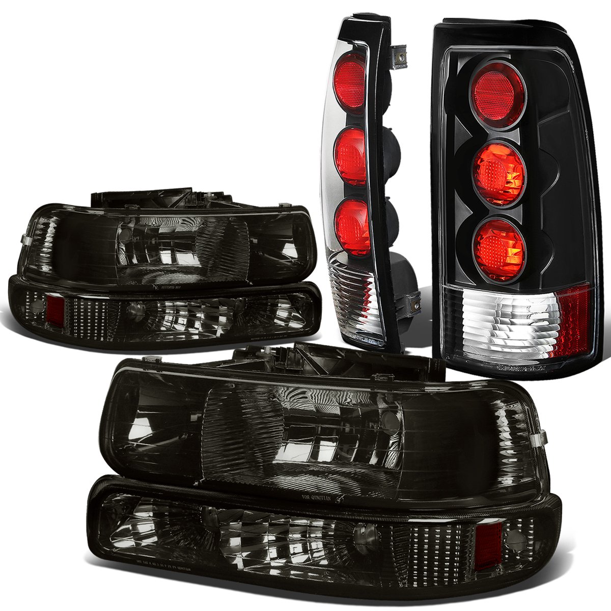 Auto Dynasty Compatible with Chevy Silverado GMT800 4pc Pair of Smoked Lens Amber Corner Headlight + Black Altezza Style Tail Light