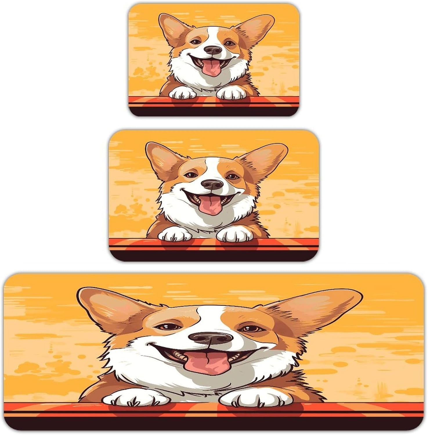 Cute Corgi Dog Kitchen Rugs Sets of 3 Washable Non Slip Kitchen Rug Water Resistant Carpet Piece Anti Fatigue Kitchen Mats Soft Comfort Standing Mat Modern Area Rug