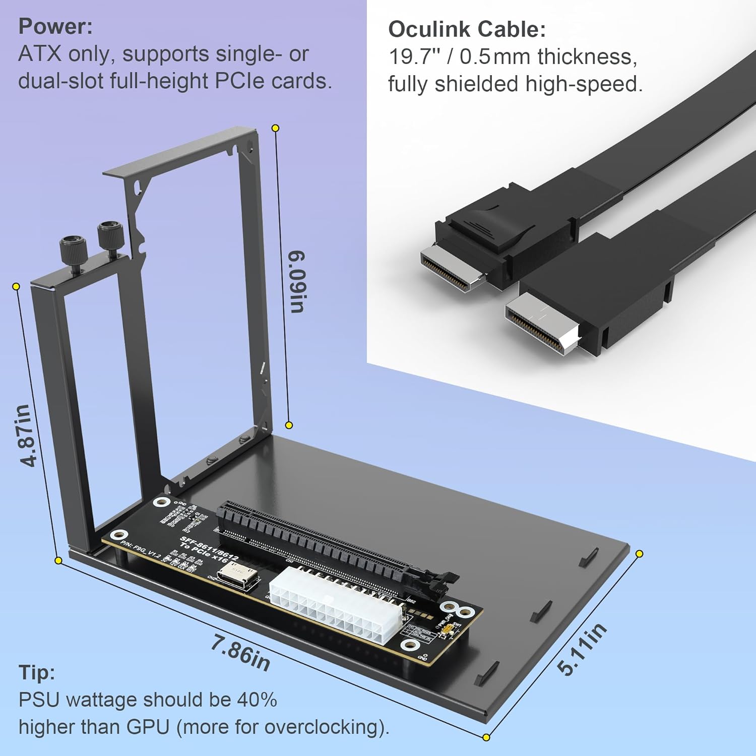 PCIe 4.0 x4 64Gbps eGPU Dock with 19.7in SFF-8611 OCuLink Cable, OCuLink SFF-8612 8311 to PCIe x16 External GPU Dock for Laptop & Mini PC, External gpu Enclosure Supports External Graphics Card