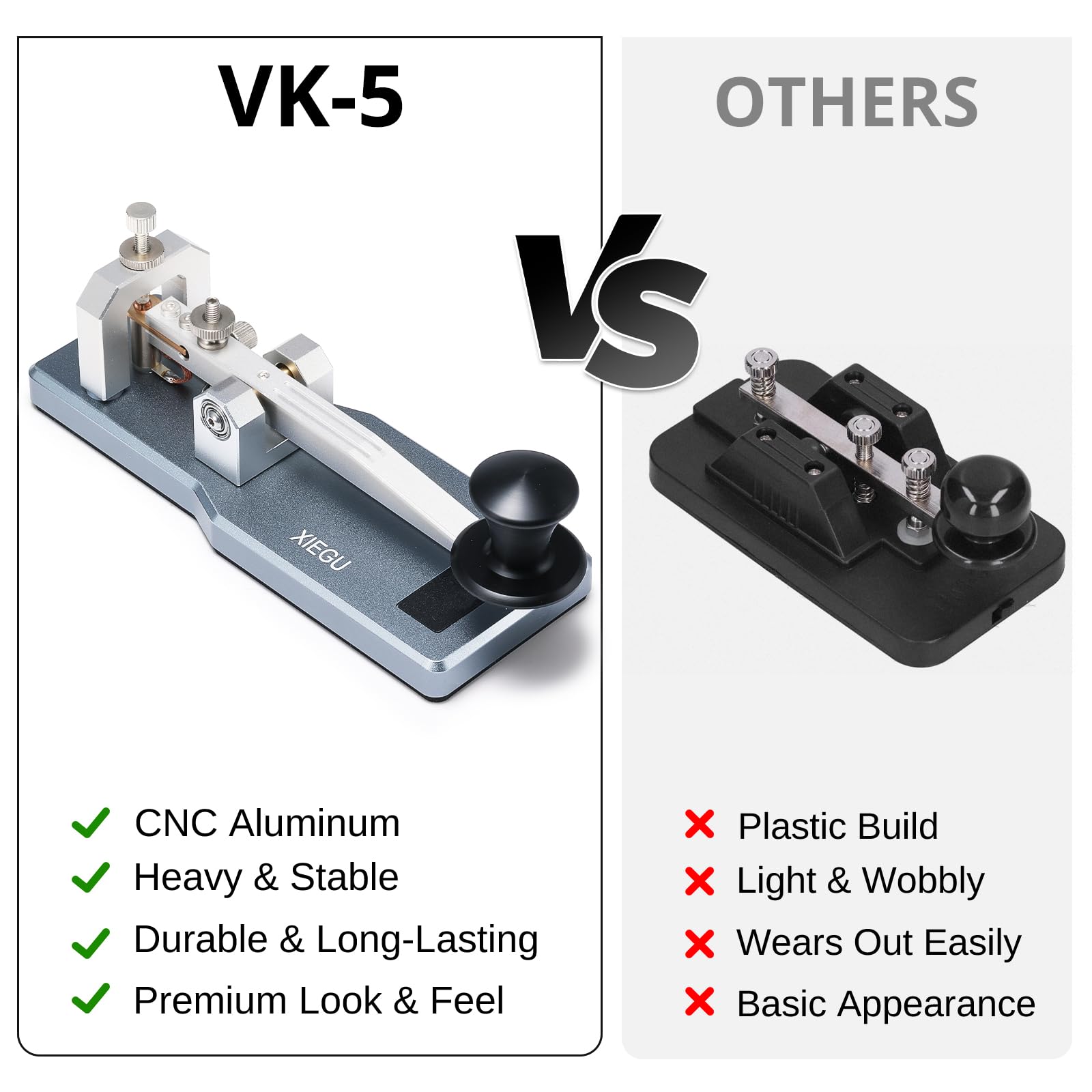 XIEGU VK-5 Morse - Pulsante Mini Straight Key CW, con base in alluminio CNC, trasmettitore codice morse, jack da 3,5 mm, per G90/X6100/X6200/X5105/G106