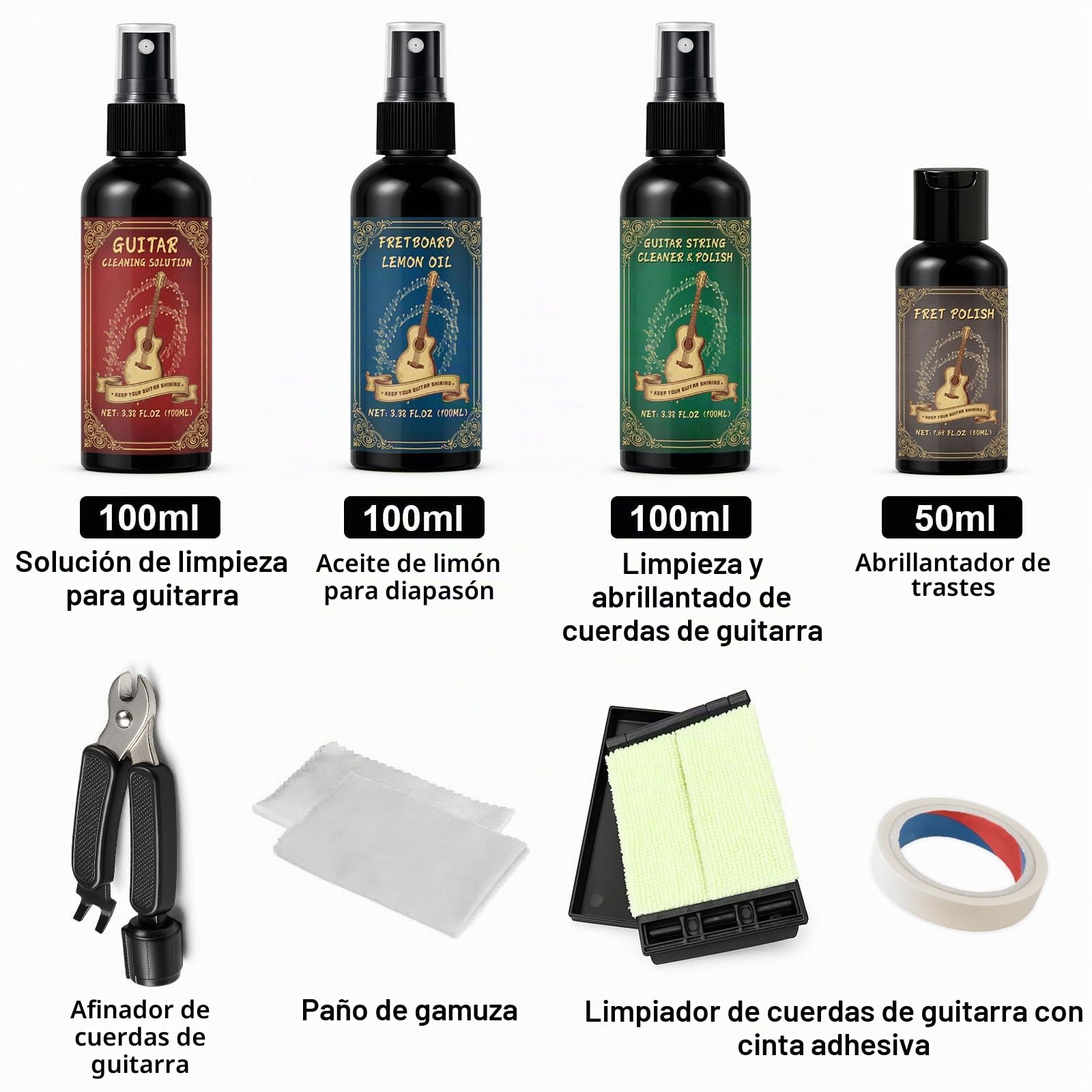 Kit de limpieza de guitarra de 9 piezas con pulido de trastes, limpiador de guitarra que evita el desgaste, la decoloración y el agrietamiento, mientras mantiene tu instrumento en su mejor aspecto y