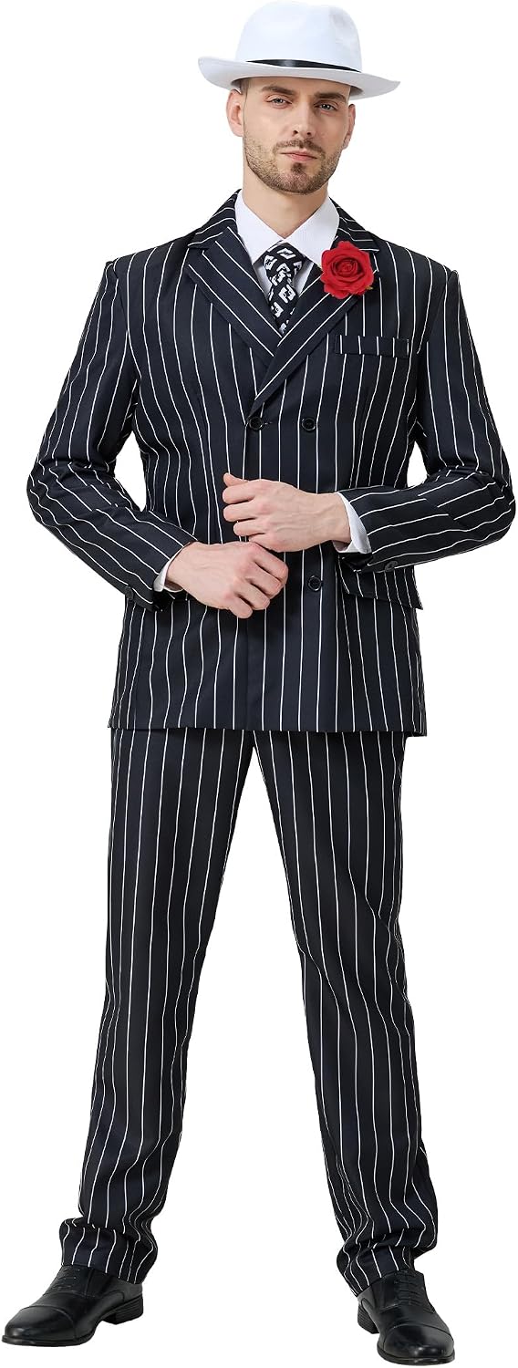 1920s Gangster Costume for Men, 5 Pcs Pinstripe Mobster Halloween Suit Set