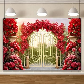 12x10ft Red Rose Garden Backdrop Flower Wall Luxury Golden Gate Wedding Bridal Shower Party Decorations Photography Background Women Girls Art Portraits Photo Studio Props