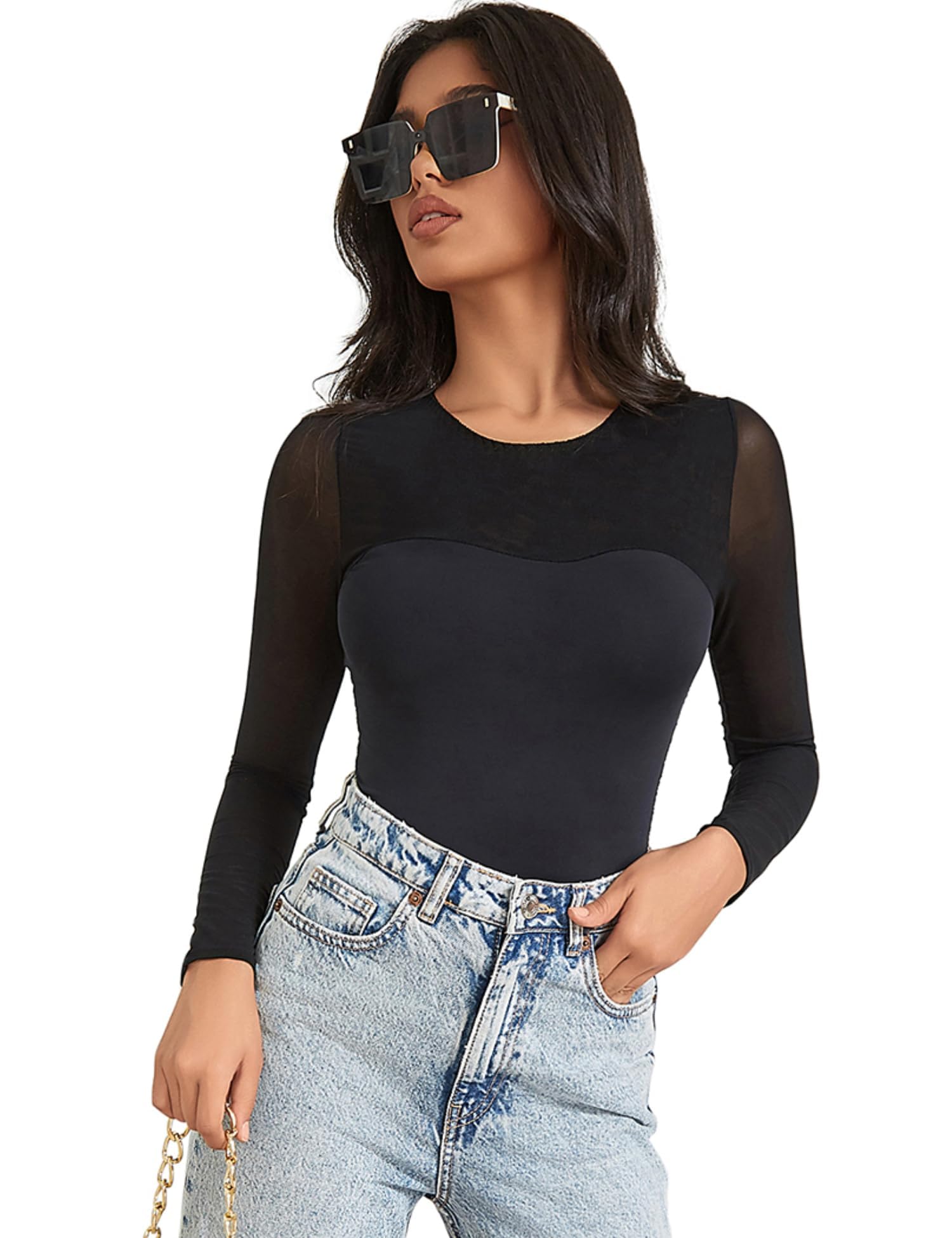 ohyeahlady Body Mujer Manga Larga de Cuero Escote V Profundo Malla Leotardo Talla Grande Lencería Teddy