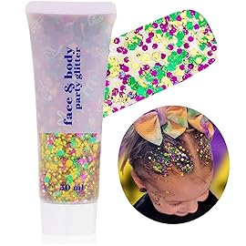 Go Ho Face Body Glitter Gel,Mardi Gras Outfit for Women and Kids,Sparkly Holographic Party Festival Rave Mardi Gras Accessories for Carnival,Gold Green Purple Chunky Glitter Makeup,52g