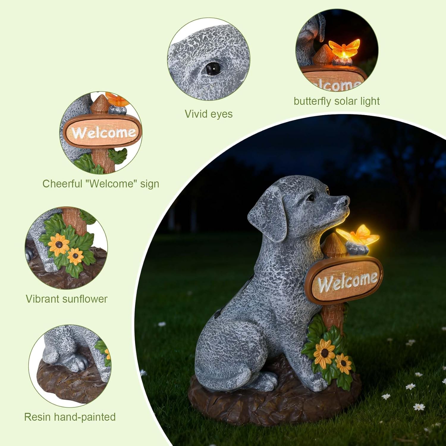 Dog Statue with Solar Butterfly Light, Decor Outdoor Yard Decoration, Statue for Home Garden Patio Balcony Lawn Ornaments, Birthday Dog Lovers Gifts for Women, Mom, Grandma