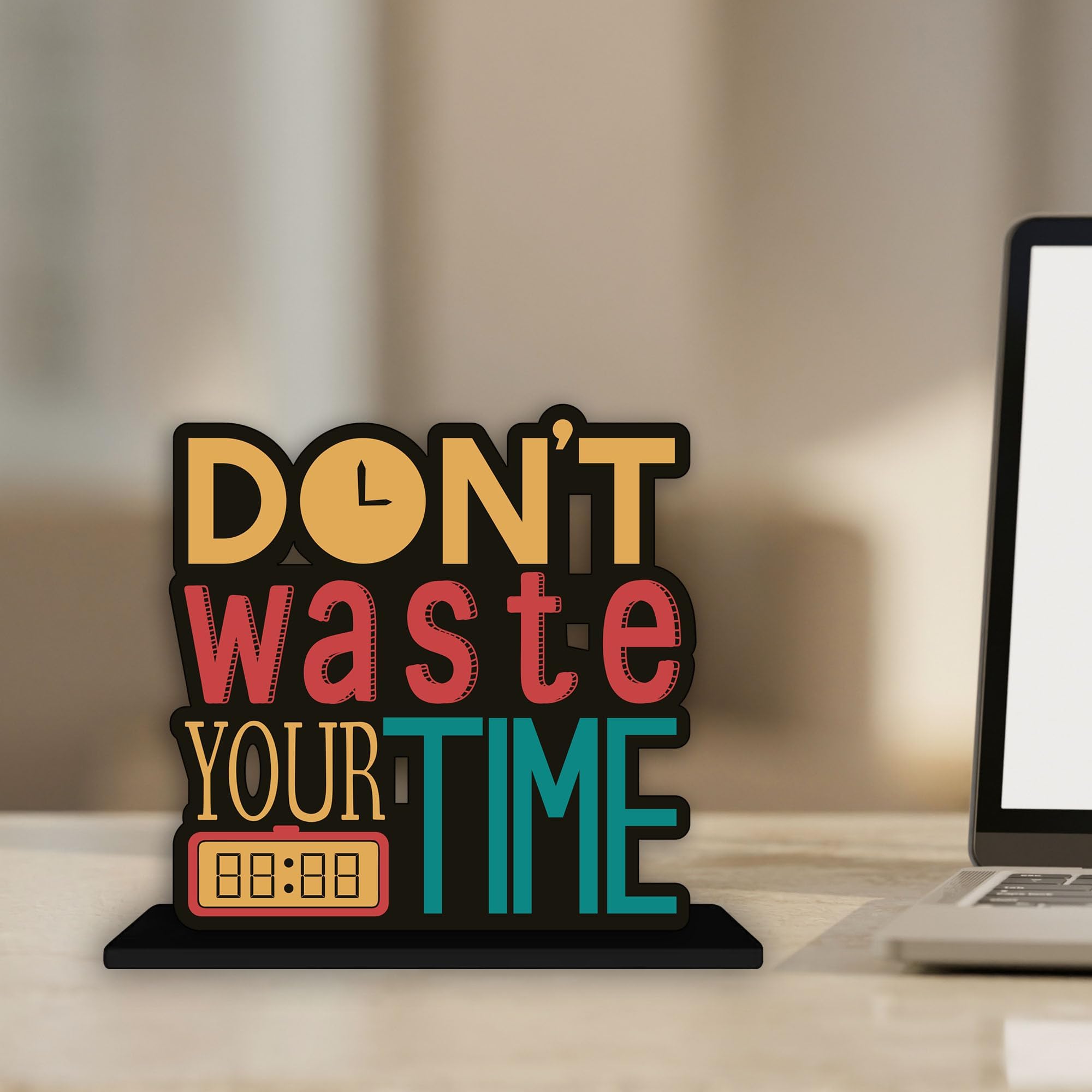 Artvibes Wooden Idols and Figurine Don't Waste Your Time Motivational Quotes Table Decoration for Office Desk | Home Decor Item | Living Room | Modern Art Wood Showpiece Gift Item (SP_1145)
