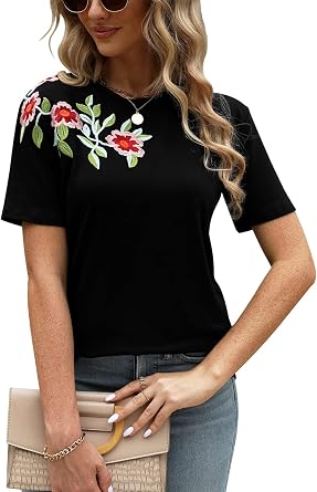 Mexican Shirts for Women Floral Embroidered Tops Short Sleeve Blouses Womens Traditional Fiesta Tees Tunic Peasant