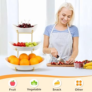 Fruit Bowl for Kitchen Counter Large, 3 Tier Fruit Basket for Counter, Ceramic Holder, Tiered Stand with Metal Stand, Detachable Rack for Fruit Vegetable Snack Dessert Storage (White)