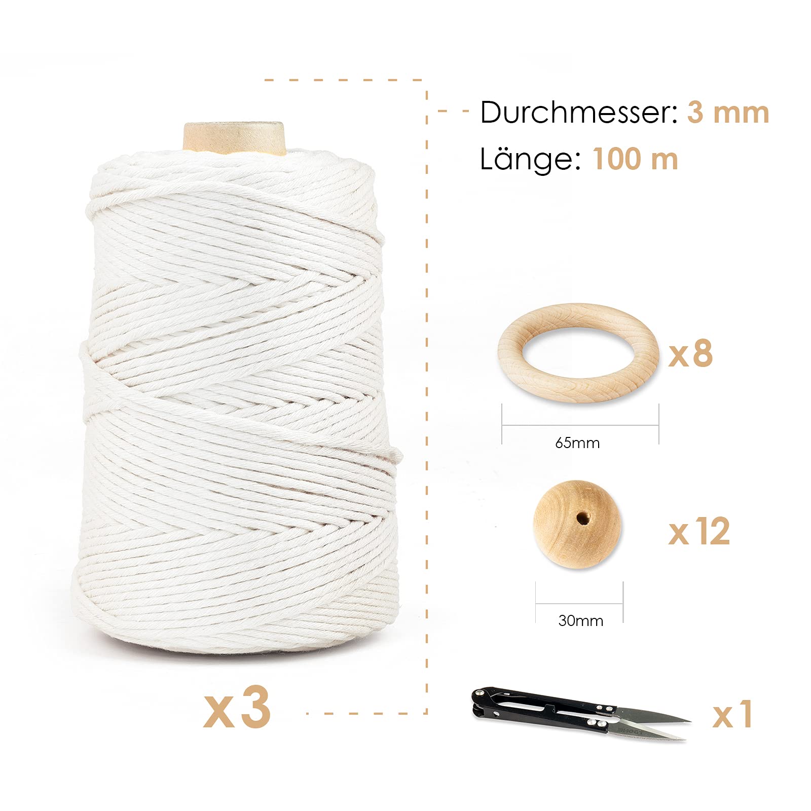 Lot de 3 fils de macramé de qualité supérieure - 3 x 100 m - 3 mm - Violet clair - 100 % coton - Cordon en coton naturel - Décoration DIY - Kit de ficelle de macramé - Boho - Anneaux de