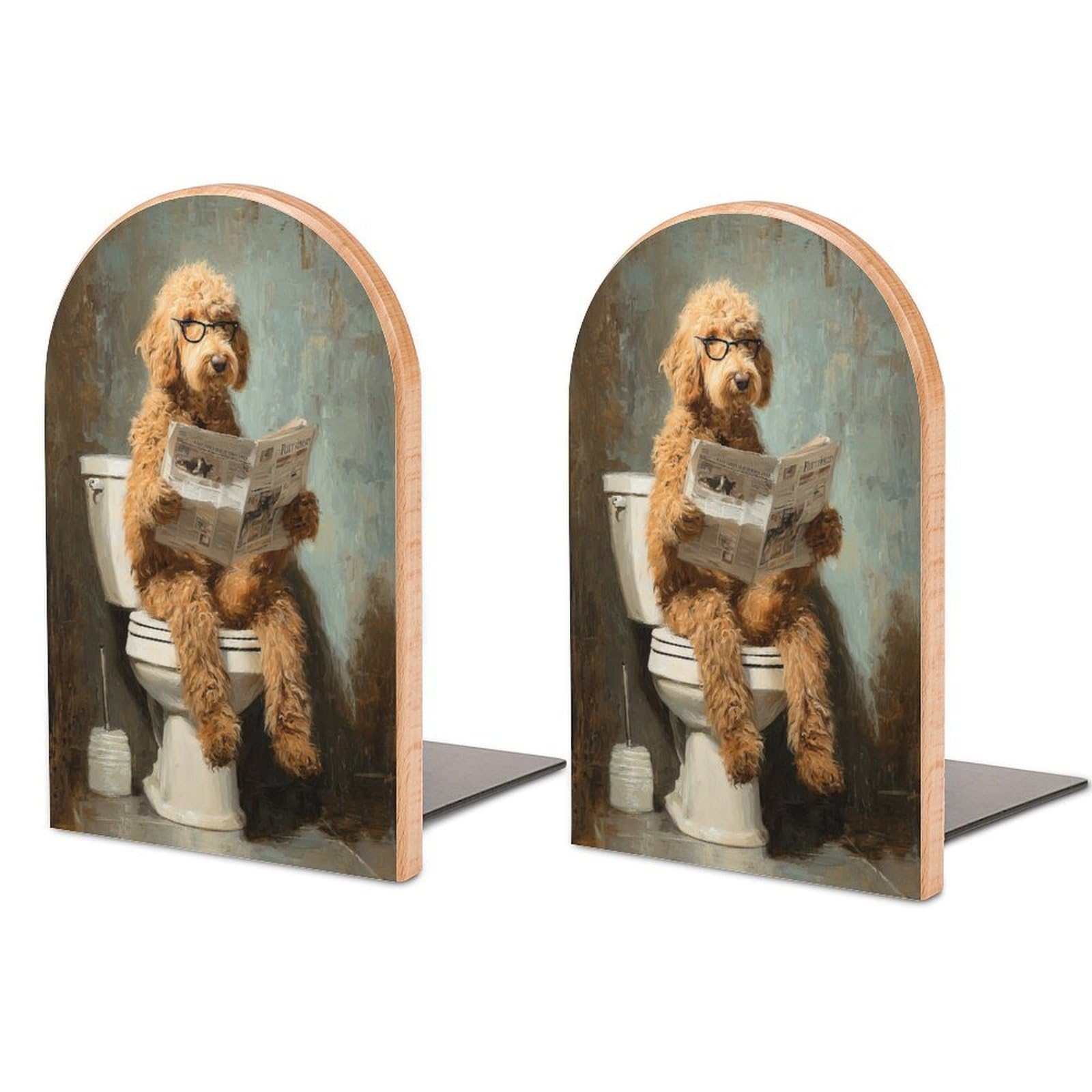 Funny Goldendoodle Reading on Toilet Wooden Bookends Shelves 2 PCS Sturdy Book Holders Desktop Organizer for Home Office Libraries