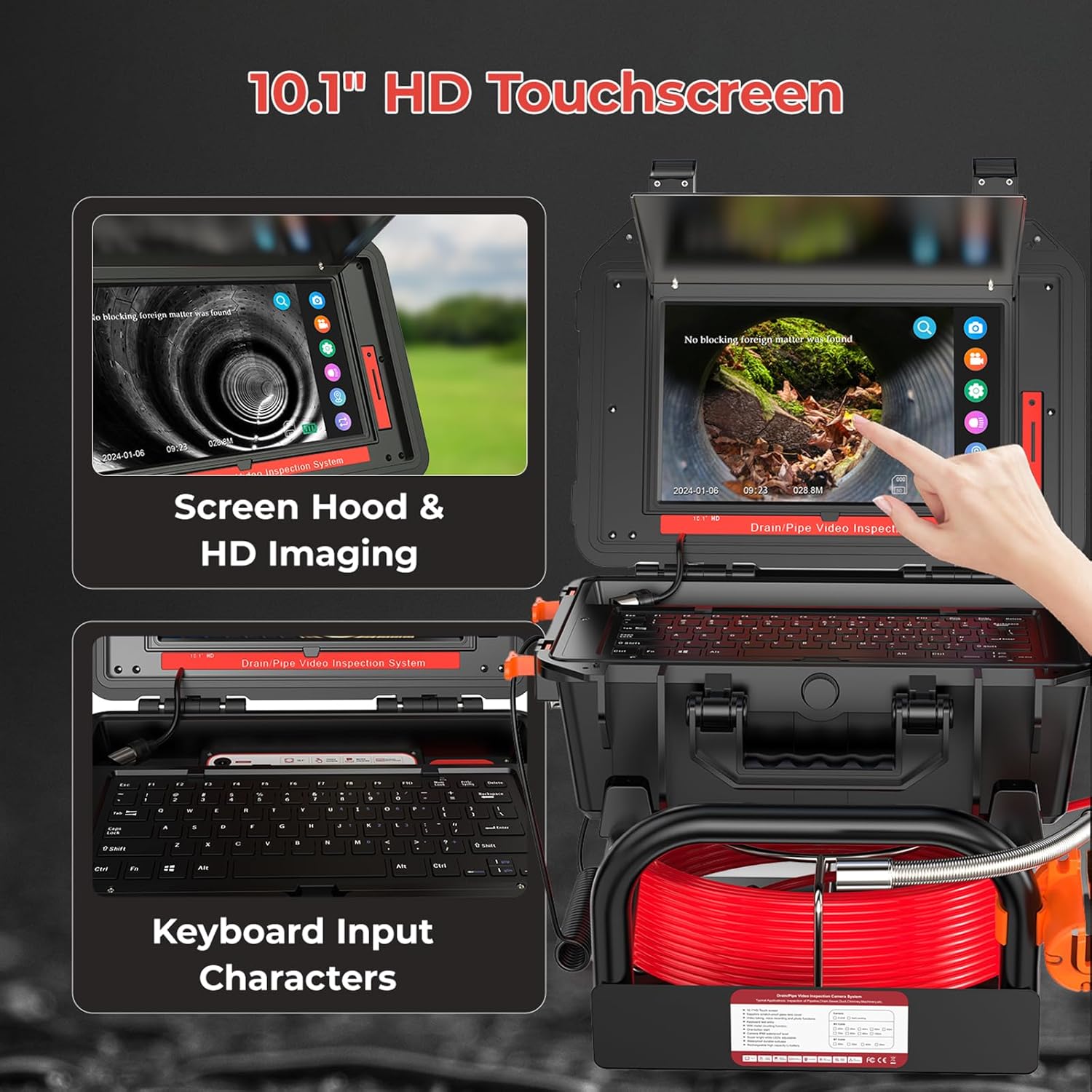 Oiiwak Sewer Camera with Locator, OK-S1 7mm Diameter Cable 10.1" Touch-Screen Sewer Inspection Camera with DVR for Drain Plumbing Pipe - 512 Hz Transmitter, Self-Leveling, Distance Counter, 165FT