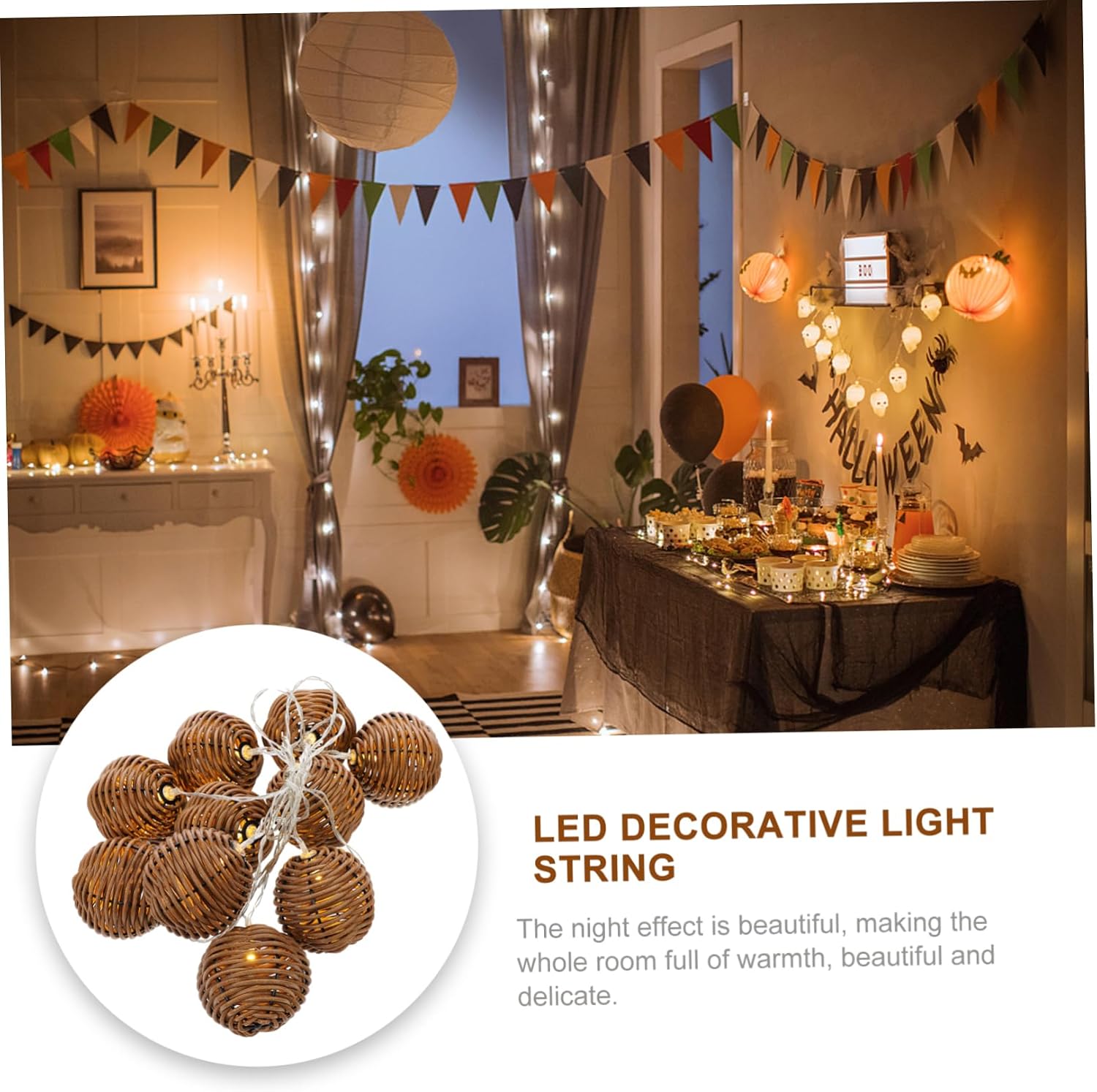 INOOMP 1Set Handmade Imitation Rattan LED String Lights Warm Decorative Light for Party Wedding Room Outdoor Decor Battery Powered Versatile Light Fixture for Unique Atmosphere