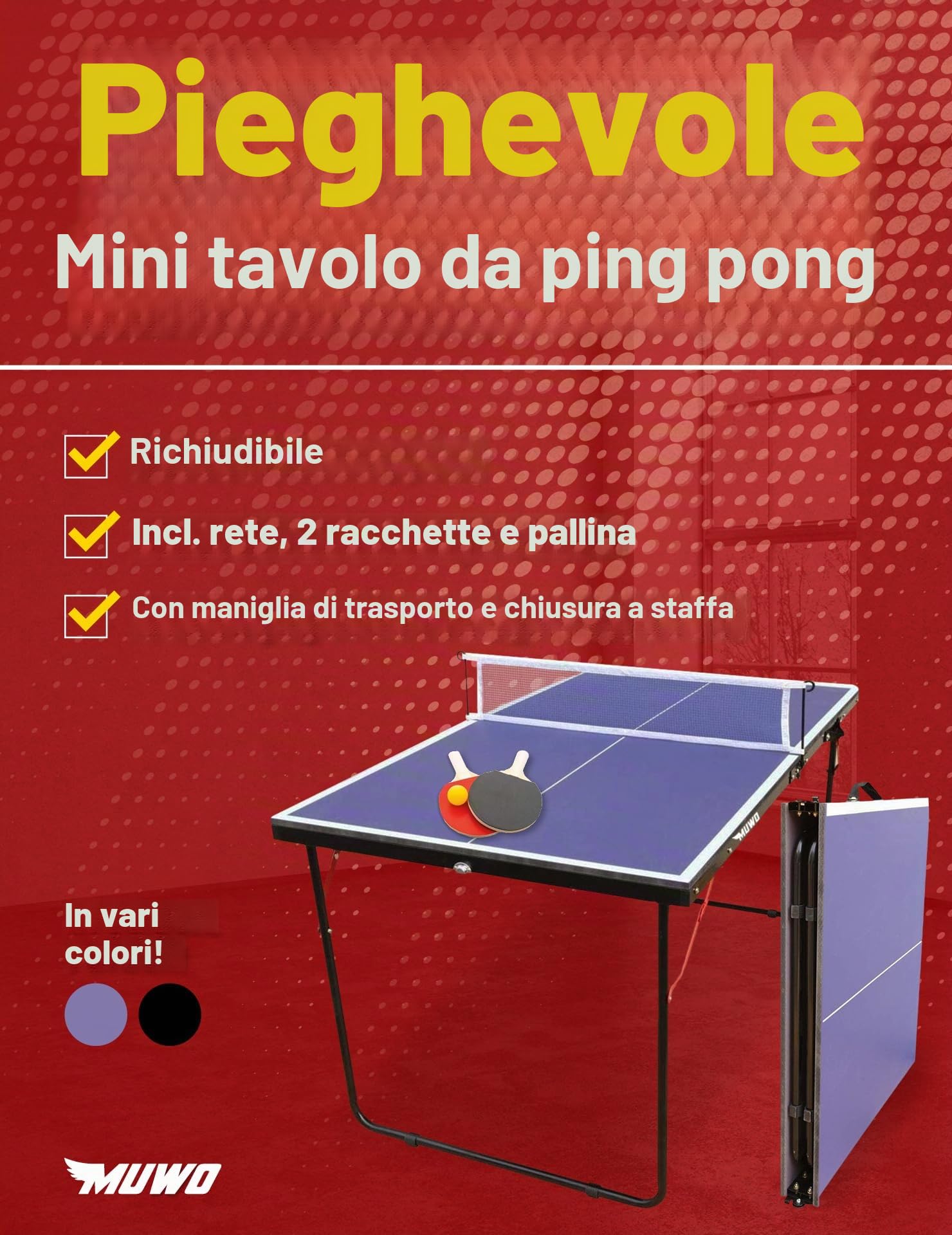 MUWO Mini tavolo pieghevole per interni, struttura in acciaio resistente, compatto, con maniglia per il trasporto, 137 x 76 cm, con rete, due racchette e pallina da ping pong