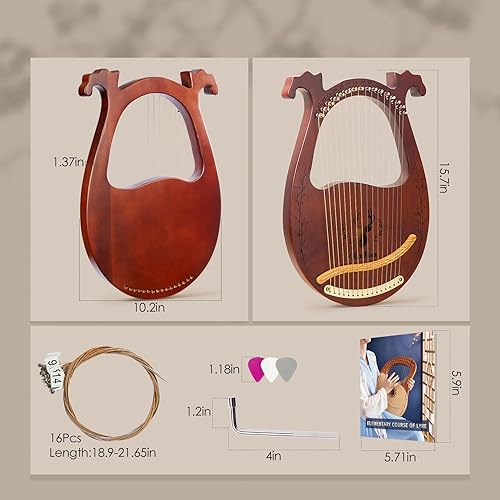 Miniatura 13 de Lyre Harpika, kit de arpa Zelkova Lyra de 17 cuerdas, instrumentos musicales de cuerda con bolsa de llave de afinación, instrucciones adicionales