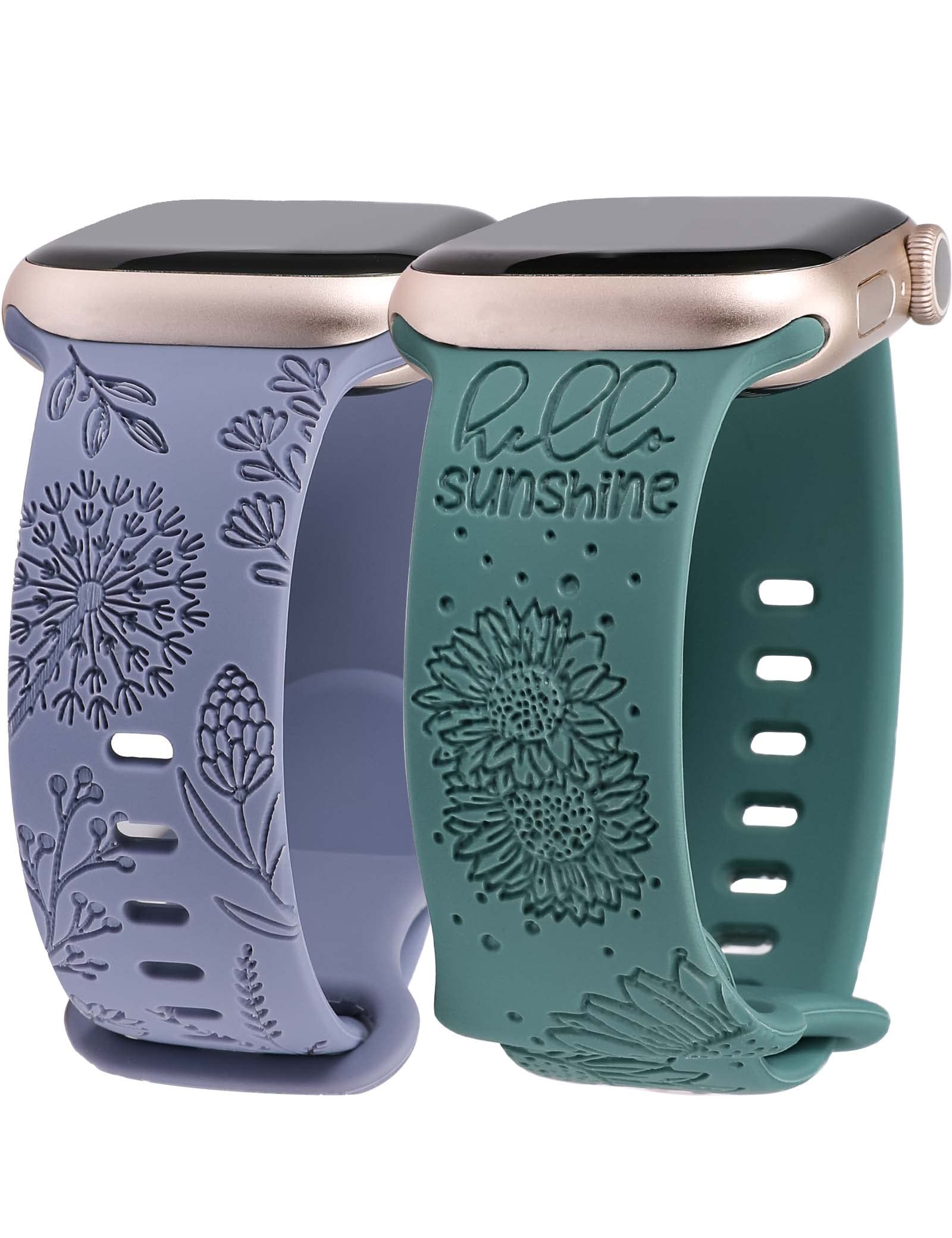Minyee 2 Packs Floral Engraved Band Compatible with Apple Watch Bands 38mm 40mm 41mm 44mm 45mm 42mm 49mm Women, Cute Silicone Sunflower Fancy Summer Strap for iWatch Series 8/7//6/5/4/3/2/1/SE/Ultra