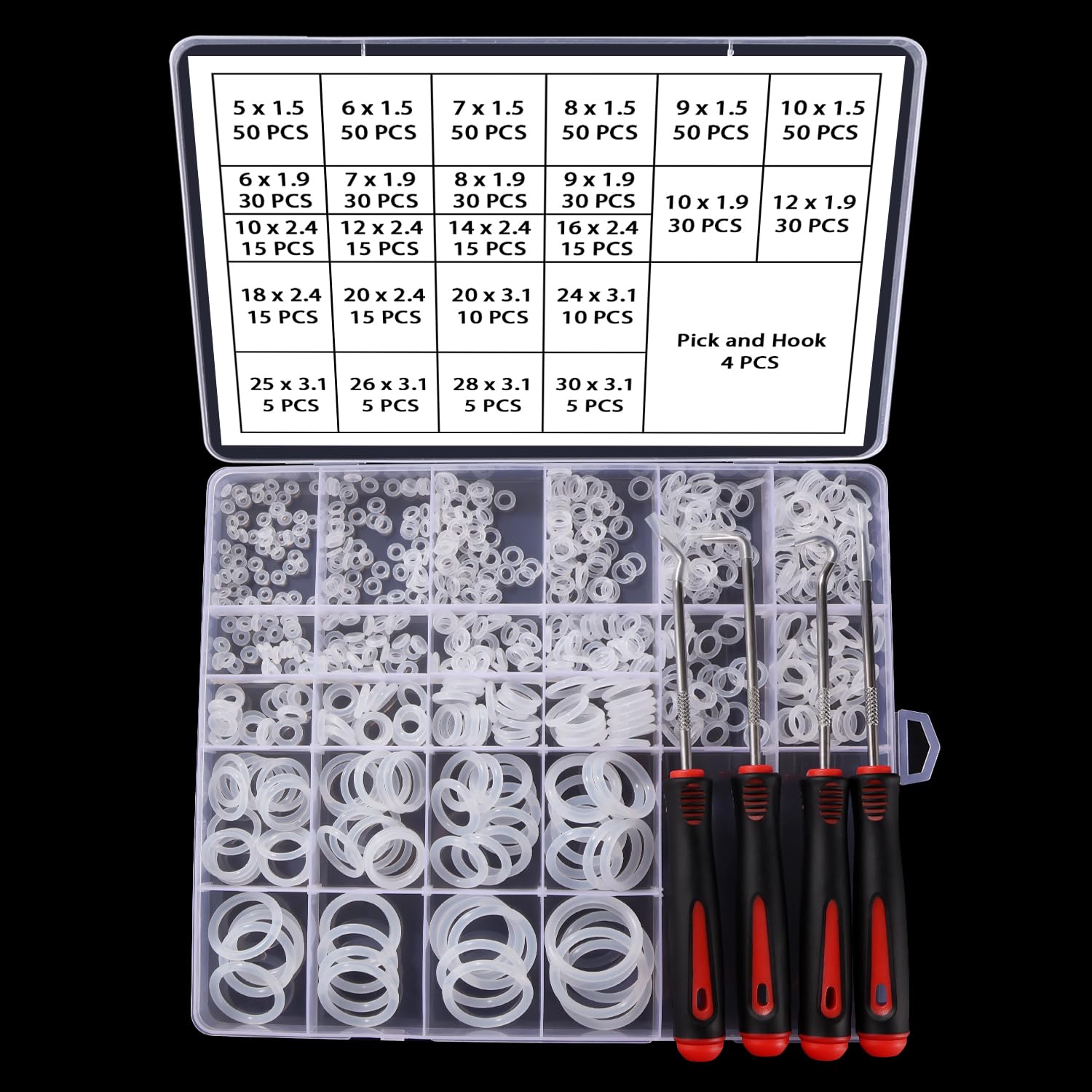 YIXISI 610 PCS 24 Sizes White O-Rings Assortment Kit, Silicone Metric O-Rings, with Pick and Hook