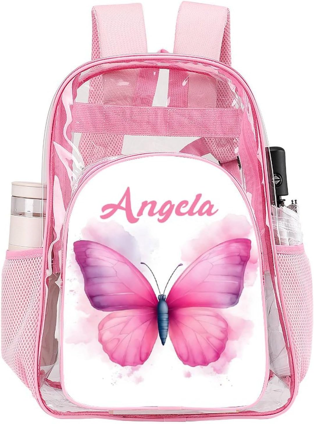 Custom Name Watercolor Butterfly Clear Backpack, Personalized PVC See Through Transparent Bookbag for Girls, Waterproof Daypack for School, Concert, Travel
