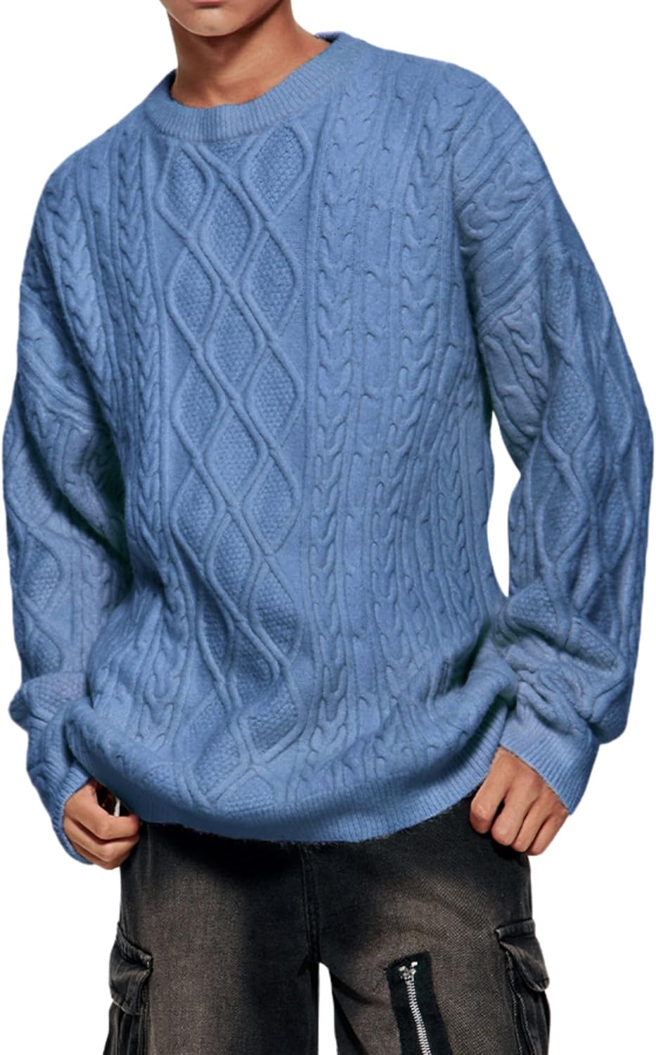 Vamtac Oversized Cable Knit Sweater Solid Long Sleeve Knitted Casual Vintage Pullover Sweaters Unisex Crewneck Top