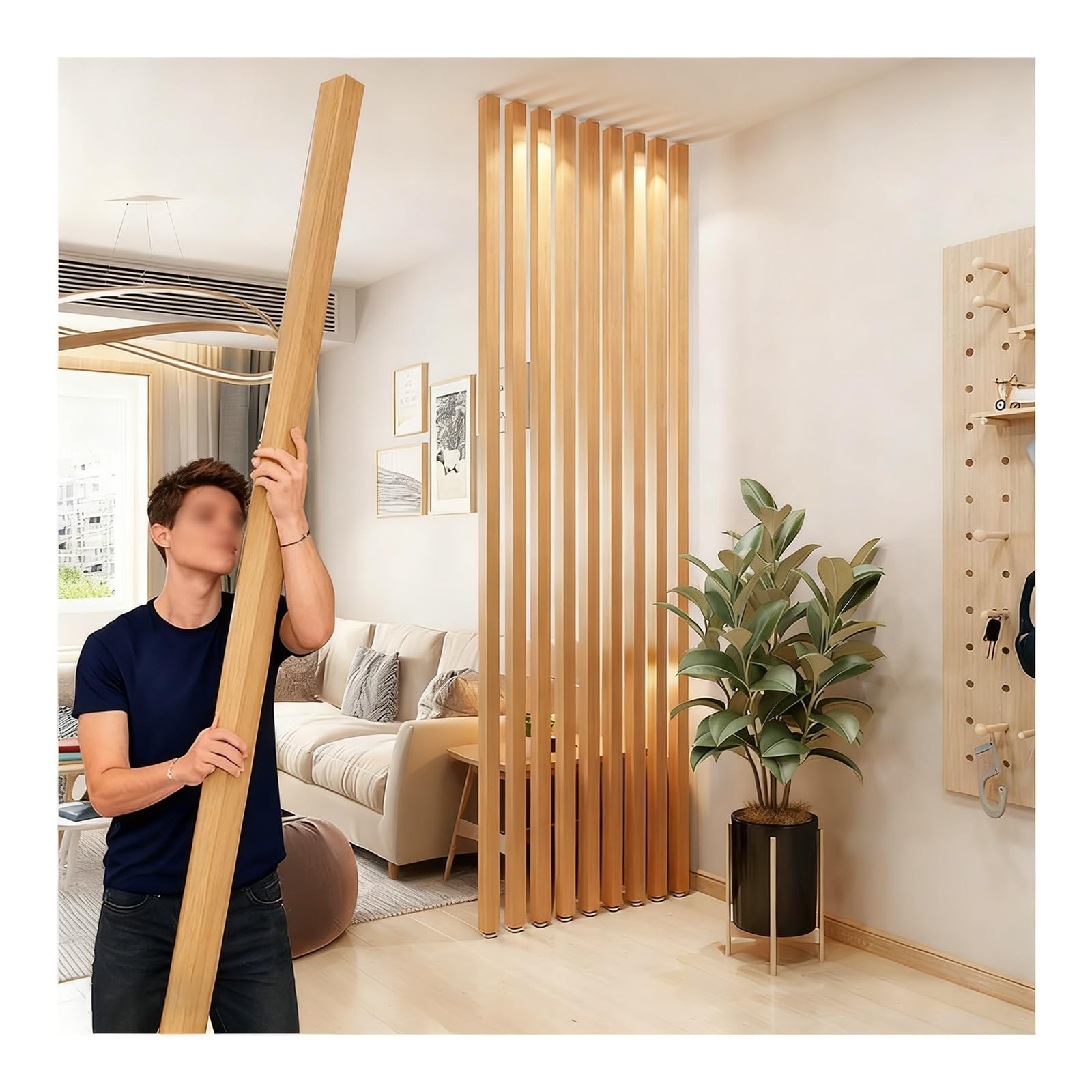Wooden slat room partition,Wall Partition Room Divider Floor to Ceiling Wooden Slats,for Restaurants, Offices, and Decor,5 * 5cm soild Slats for Stairways and Porches(4-pcs,165cm/64.9in/5.41ft)