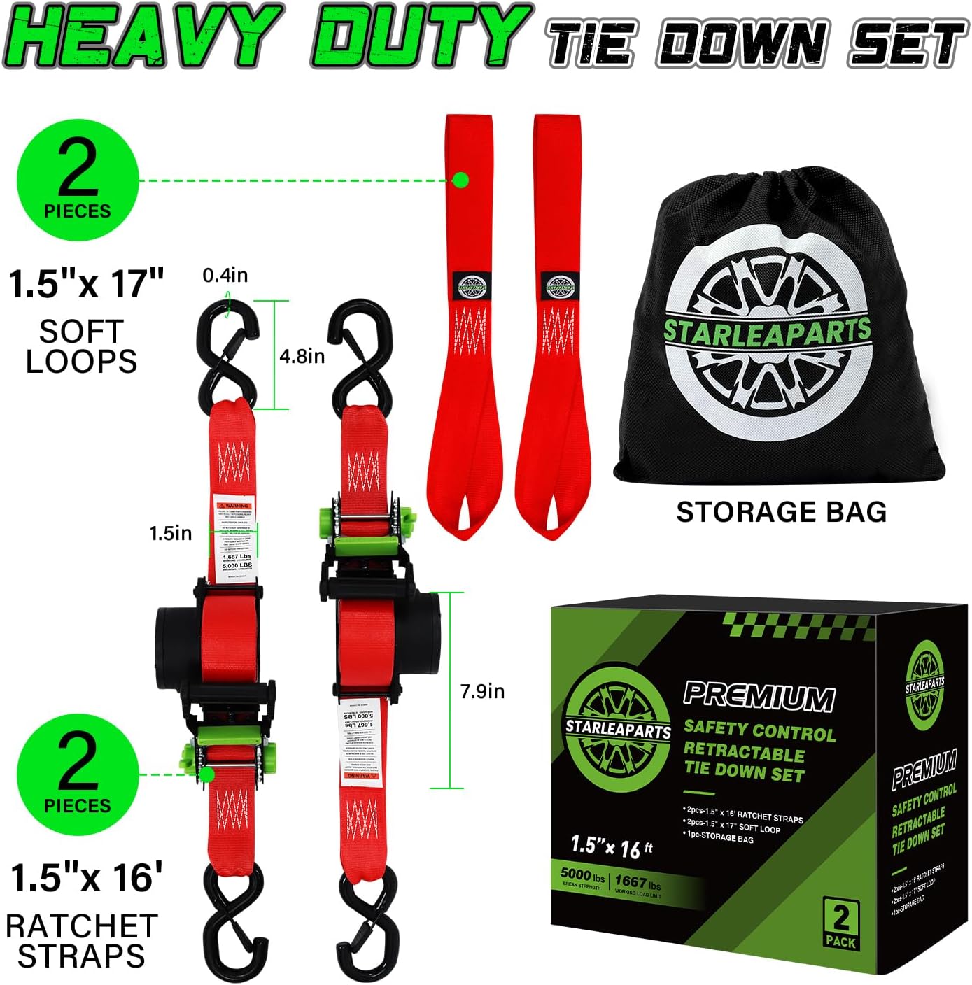 Retractable Ratchet Straps (2pk) -Patented | 1.5 in x 16 ft Heavy Duty Auto Ratchet Straps with Soft Loops | Perfect Automatic Tie Downs for Motorcycle,Kayak and Truck | Break Strength 5,000LBS/2268KG image 4