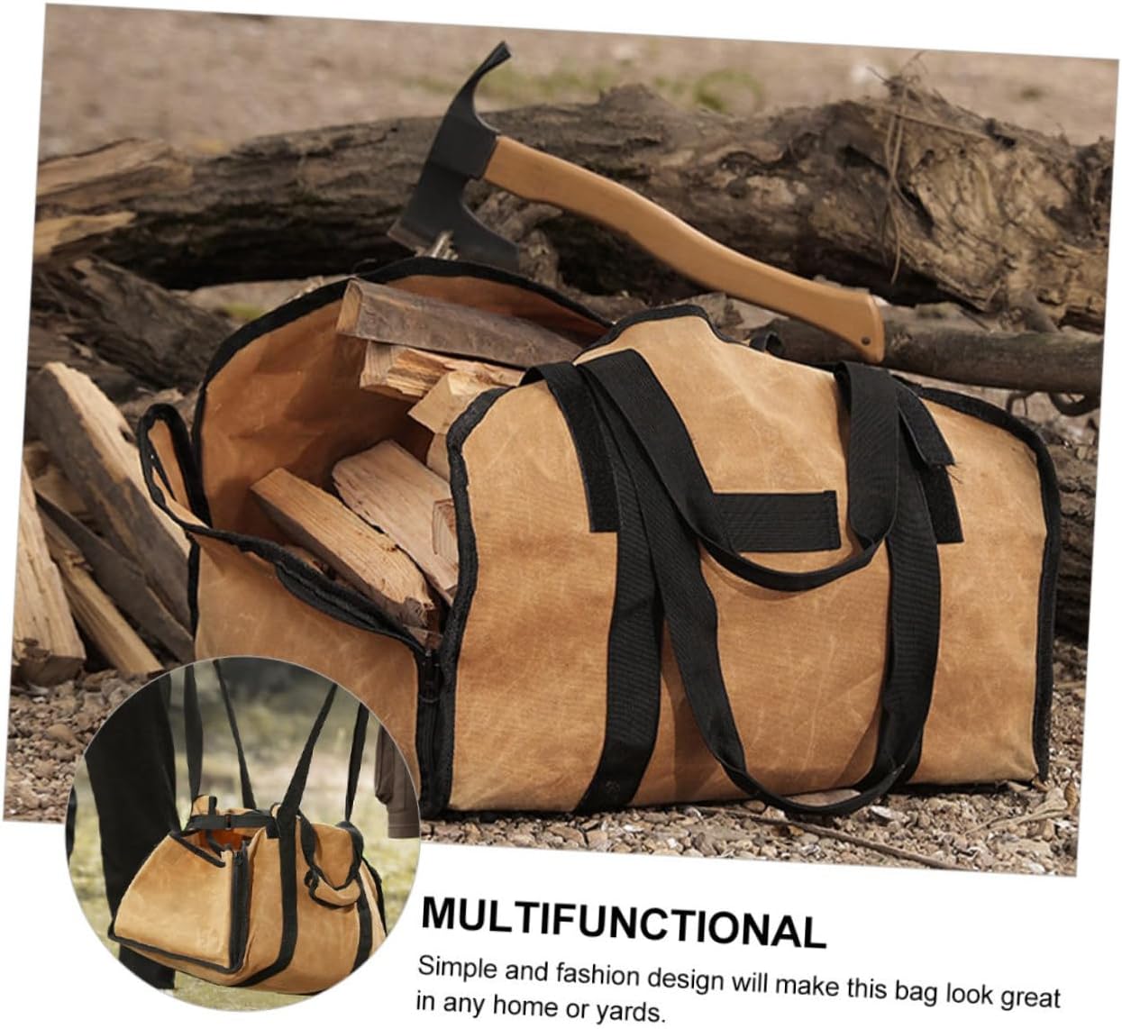 1pc Portable Firewood Carrier Bag Canvas Wood Tote for Outdoor Camping and Home Use Heavy Duty Log Holder Double Handles Khaki