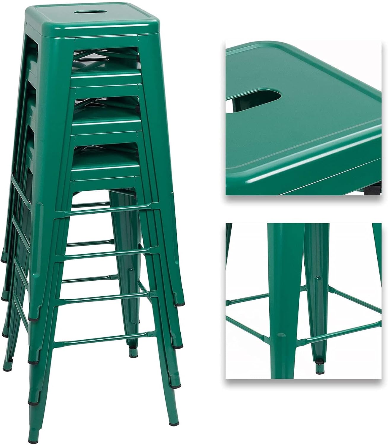 30 Inches Metal Bar Stools Breakfast Stool Kitchen Chair for Counter Height Indoor-Outdoor Modern Stackable Industrial Stools with Square Seat, Set of 4 (Green)