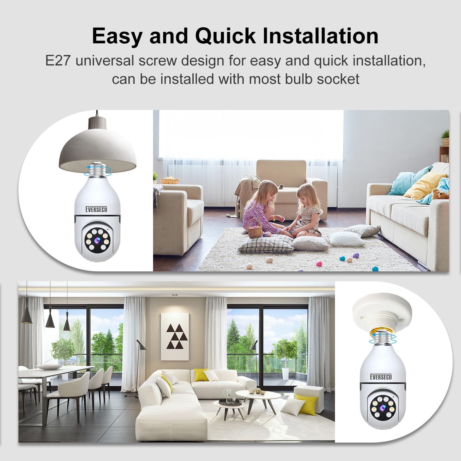 EVERSECU Lot de 4 ampoules sans fil 1080p avec caméra de sécurité, WiFi 2,4 g et 5 g, suivi automatique, audio bidirectionnel, vision nocturne intelligente, compatible ONVIF et RTSP, fonctionne avec