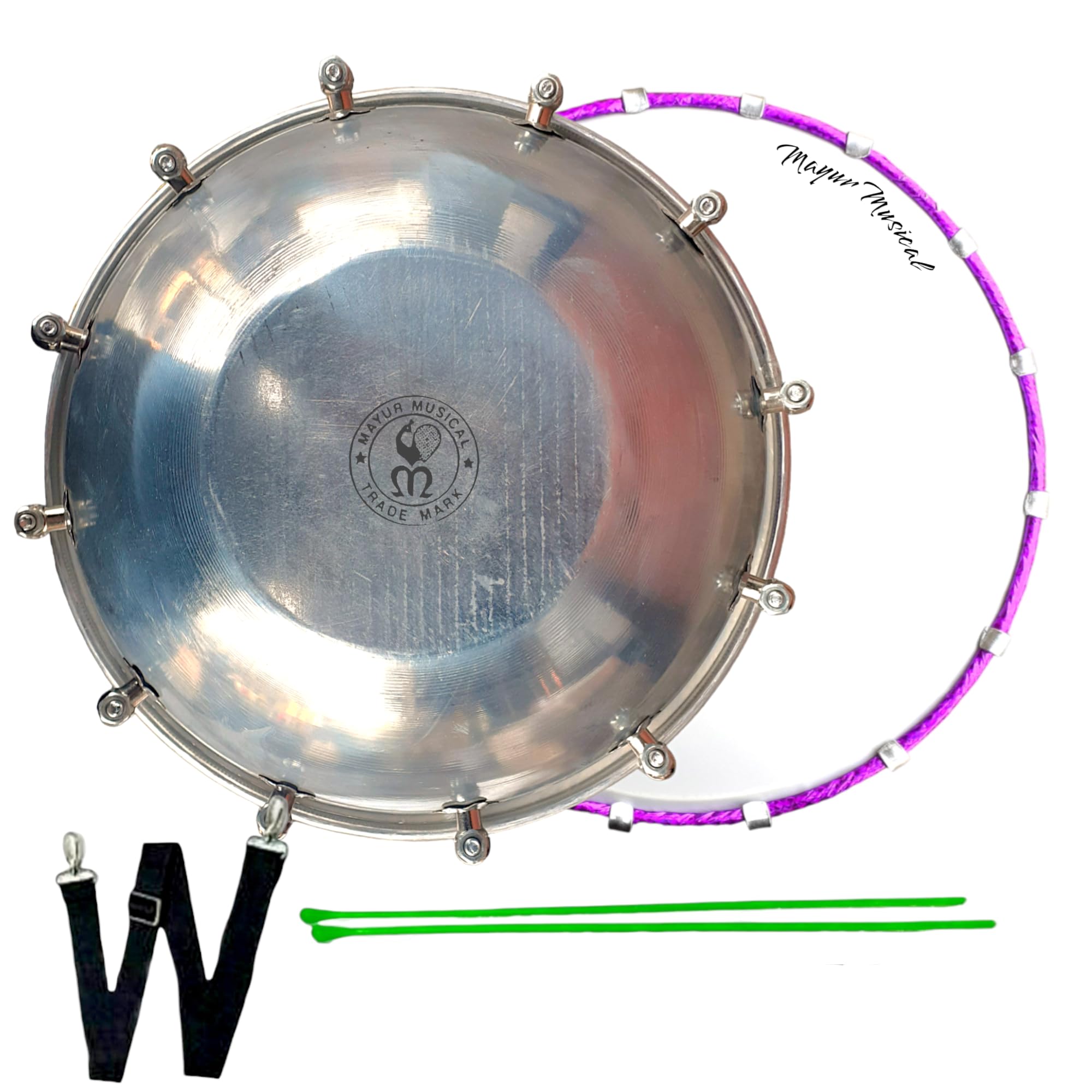 Mayur Musical 12 Inch Silver Polished Tasha Drum/Dhol - Authentic Nasik Dhol with Tasha Sticks and Belt