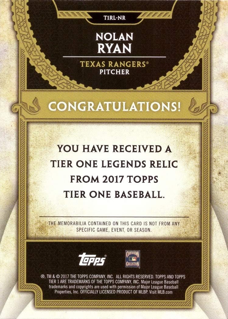 2017 Topps Tier One Relics Legends #T1RL-NR Nolan Ryan Game Worn Rangers Jersey Baseball Card - White Jersey Swatch - Only 200 made!