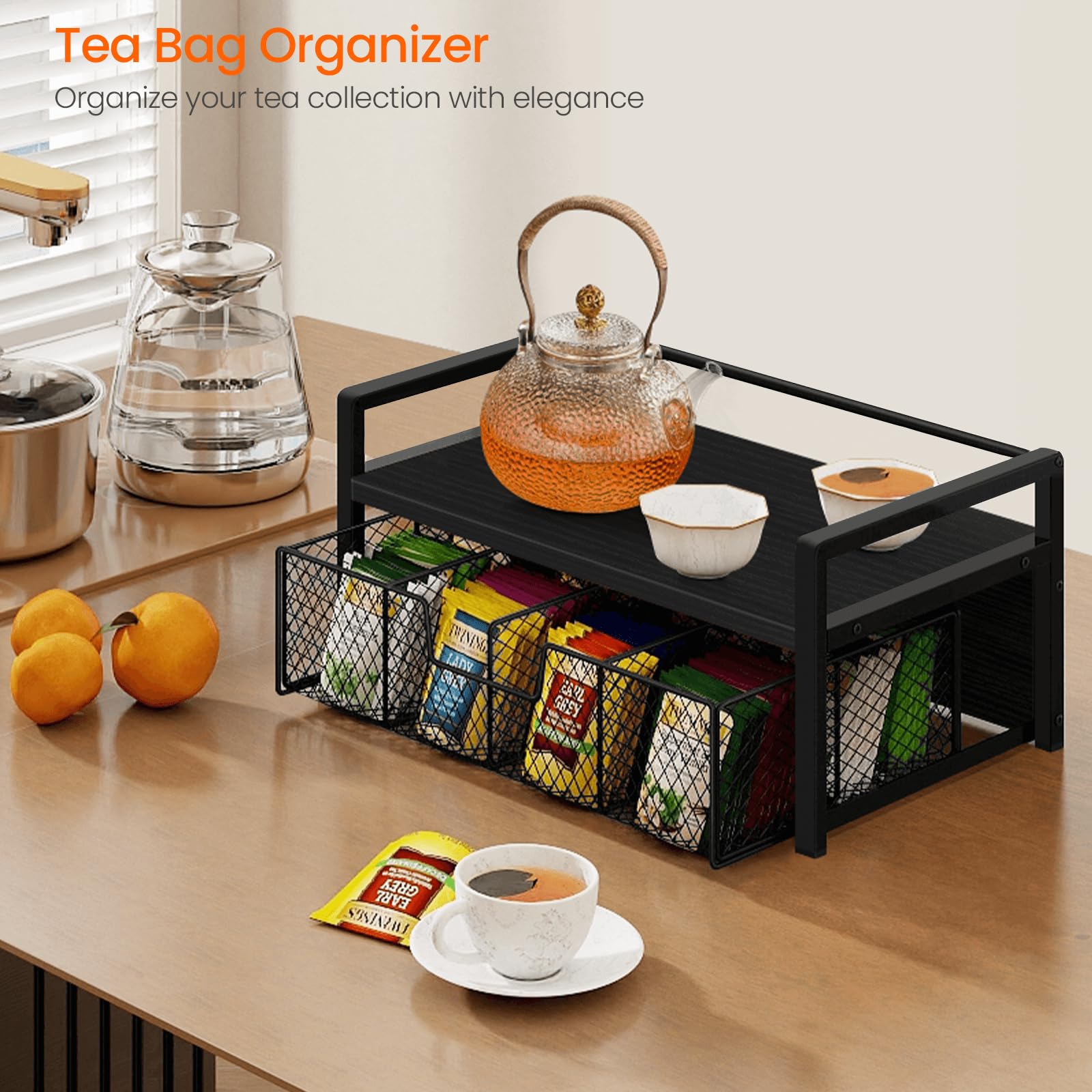 Homode Teebeutel-Organizer aus Holz, Teebeutelhalter mit Schublade, Tee-Organizer und Aufbewahrungsbox, 8 Fächer, Teedose, Truhen, Präsentationsbehälter für Theke, Küche, Schwarz